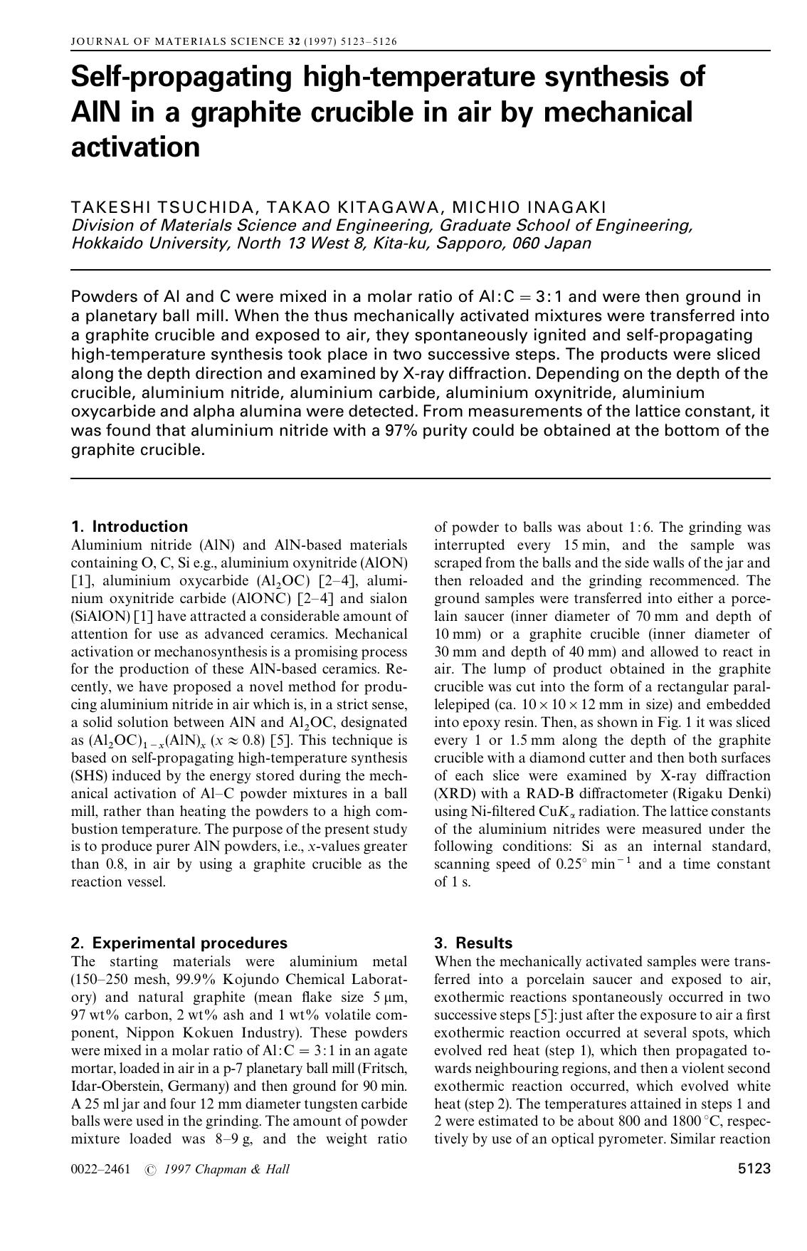 Self-propagating high-temperature synthesis of AlN in a graphite crucible in air by mechanical activation by Unknown