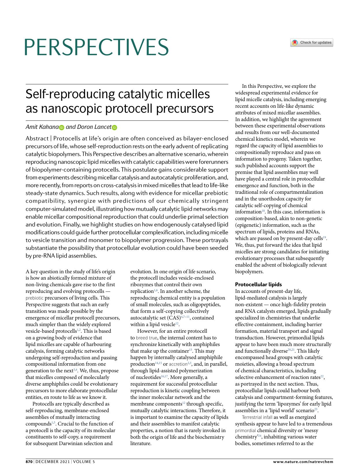 Self-reproducing catalytic micelles as nanoscopic protocell precursors by Amit Kahana & Doron Lancet