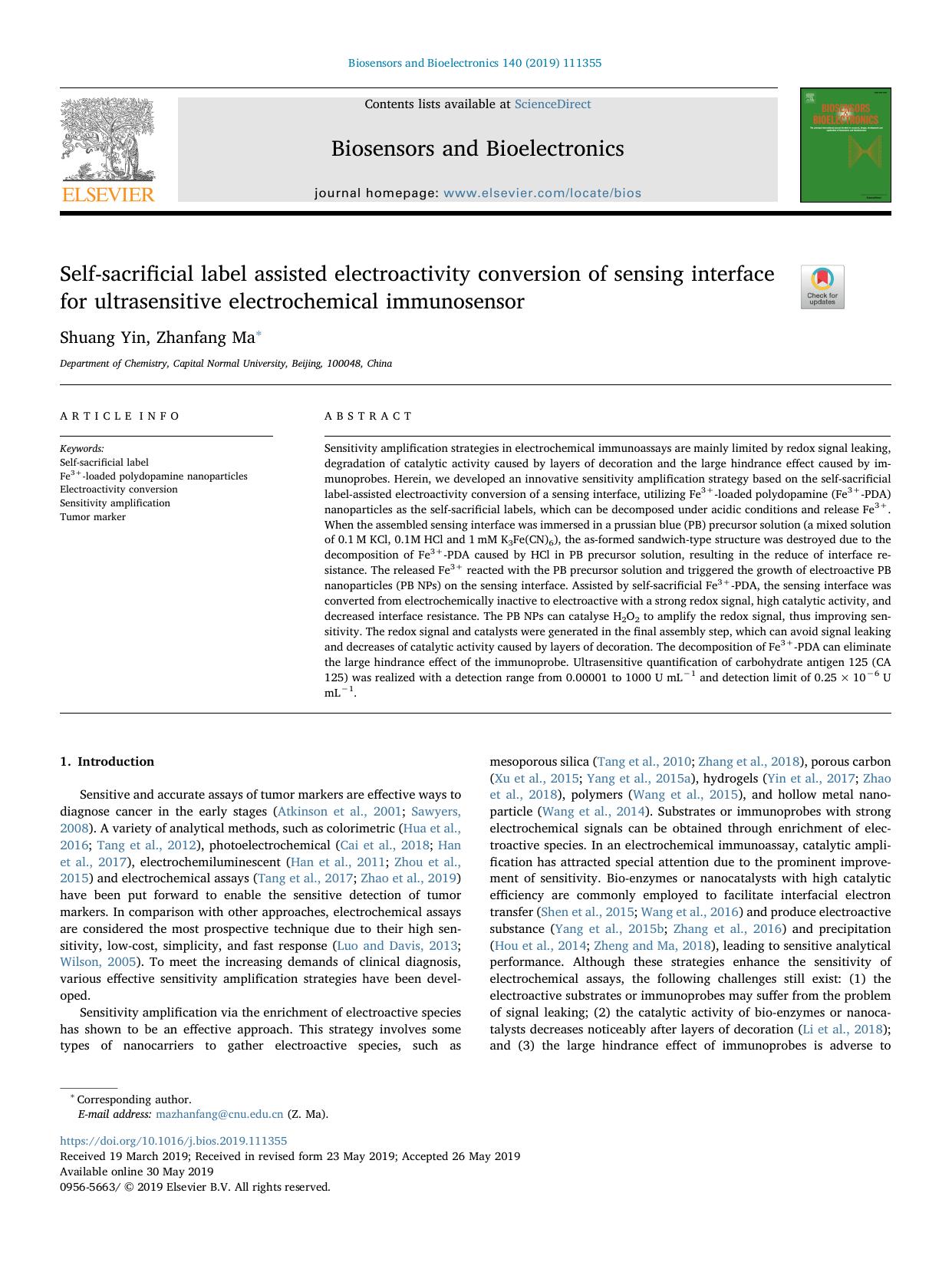 Self-sacrificial label assisted electroactivity conversion of sensing interface for ultrasensitive electrochemical immunosensor by Shuang Yin & Zhanfang Ma