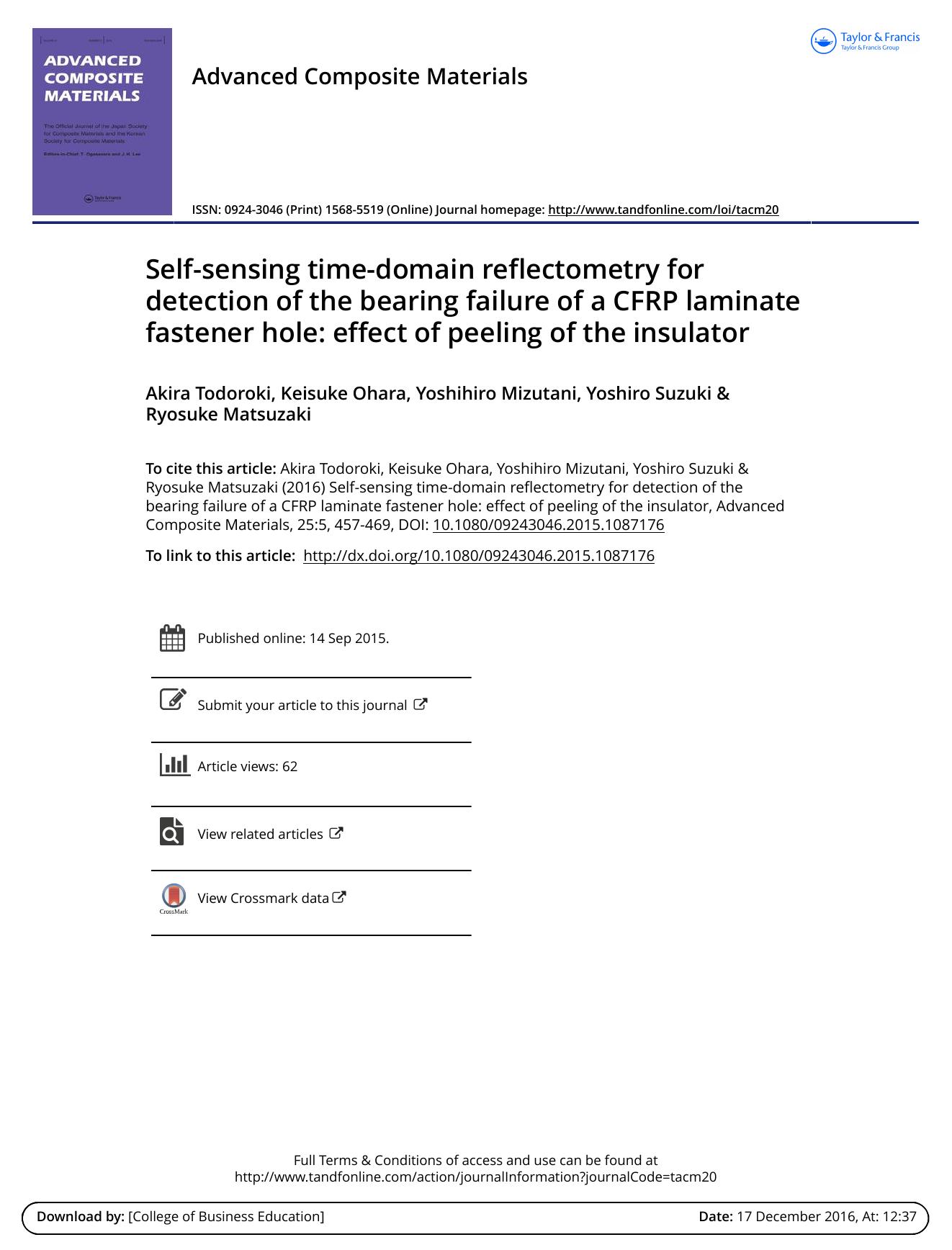 Self-sensing time-domain reflectometry for detection of the bearing failure of a CFRP laminate fastener hole: effect of peeling of the insulator by Akira Todoroki & Keisuke Ohara & Yoshihiro Mizutani & Yoshiro Suzuki & Ryosuke Matsuzaki