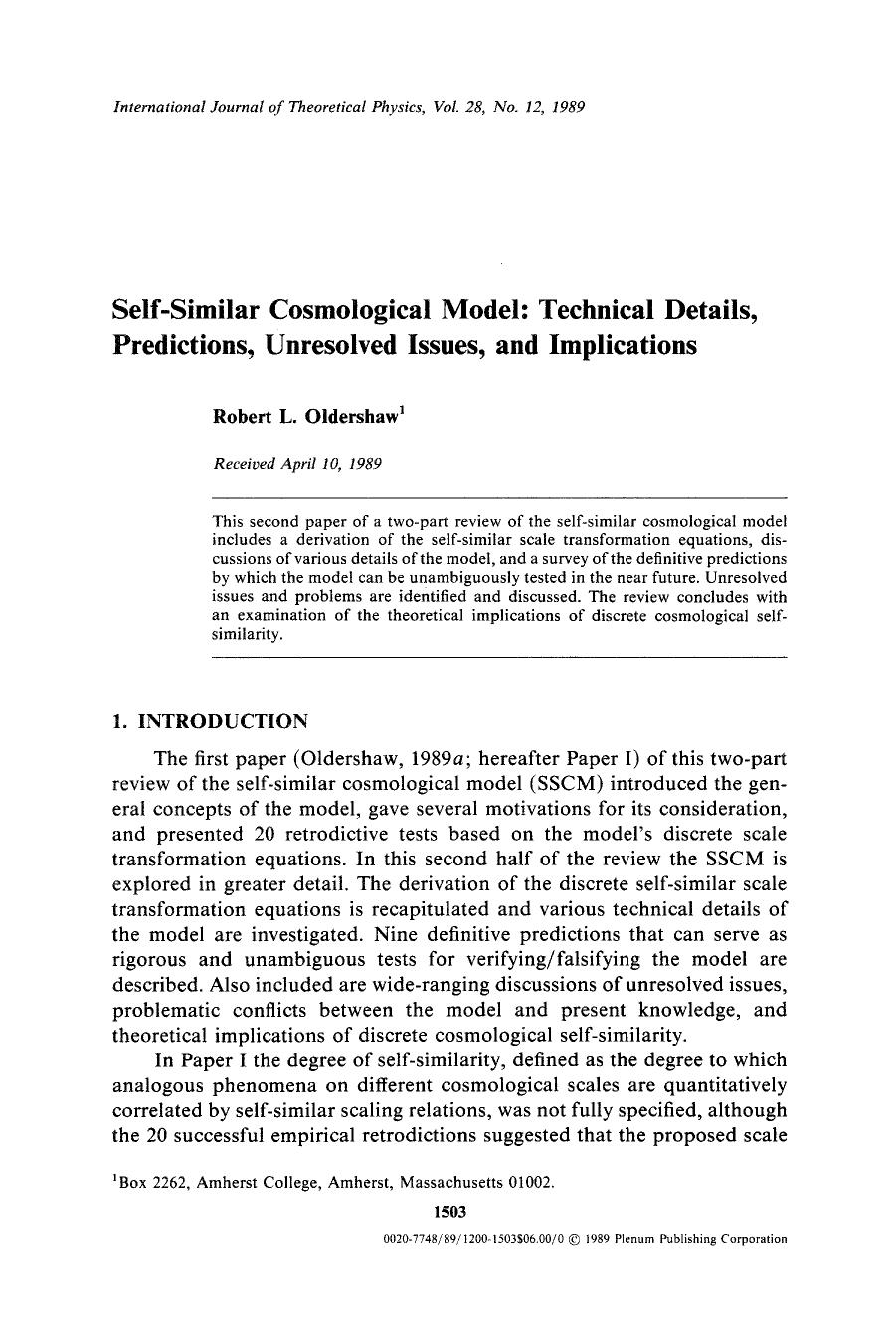 Self-similar cosmological model: Technical details, predictions, unresolved issues, and implications by Unknown