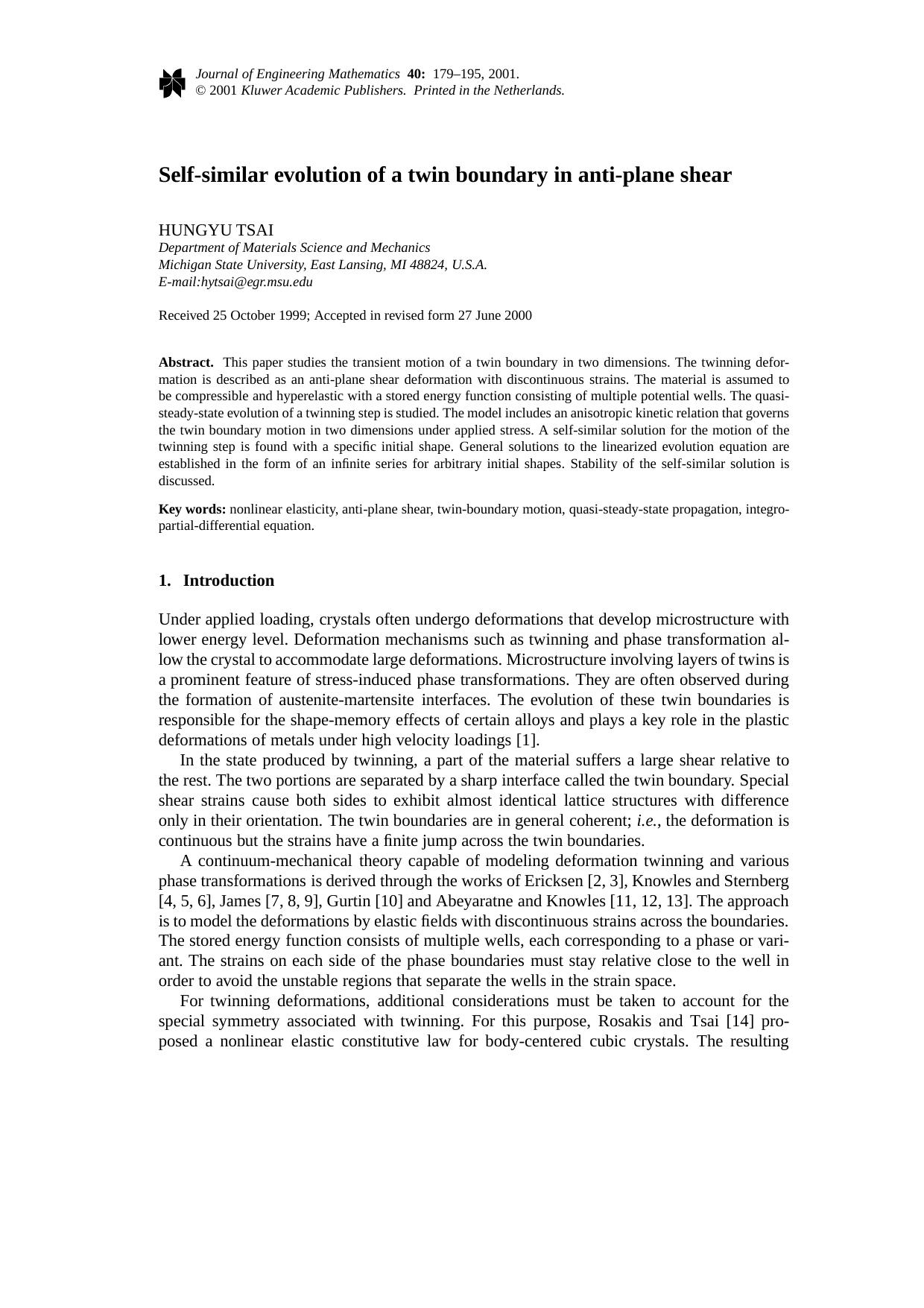 Self-similar evolution of a twin boundary in anti-plane shear by Unknown