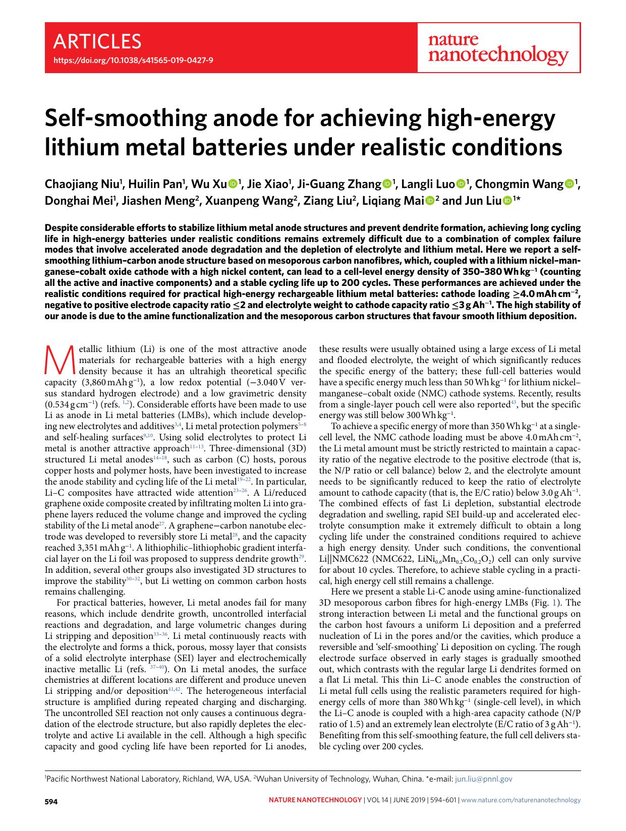 Self-smoothing anode for achieving high-energy lithium metal batteries under realistic conditions by unknow