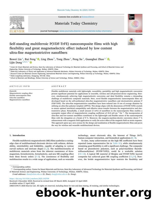 Self-standing multiferroic P(VDF-TrFE) nanocomposite films with high flexibility and great magnetoelectric effect induced by low content ultra-fine magnetostrictive nanofibers by Bowei Liu & Rui Feng & Ling Zhou & Tong Zhou & Peng Su & Guanghui Zhao & Lijie Dong