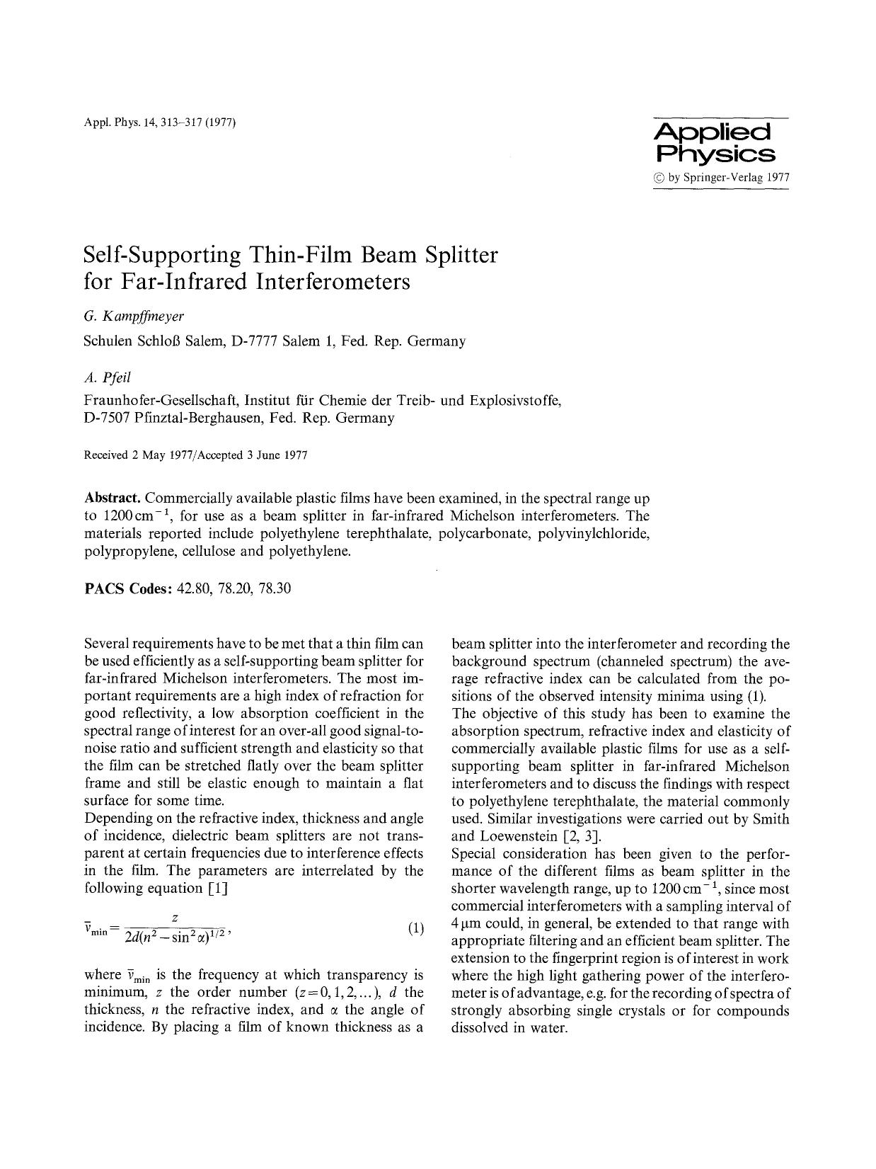 Self-supporting thin-film beam splitter for far-infrared interferometers by Unknown