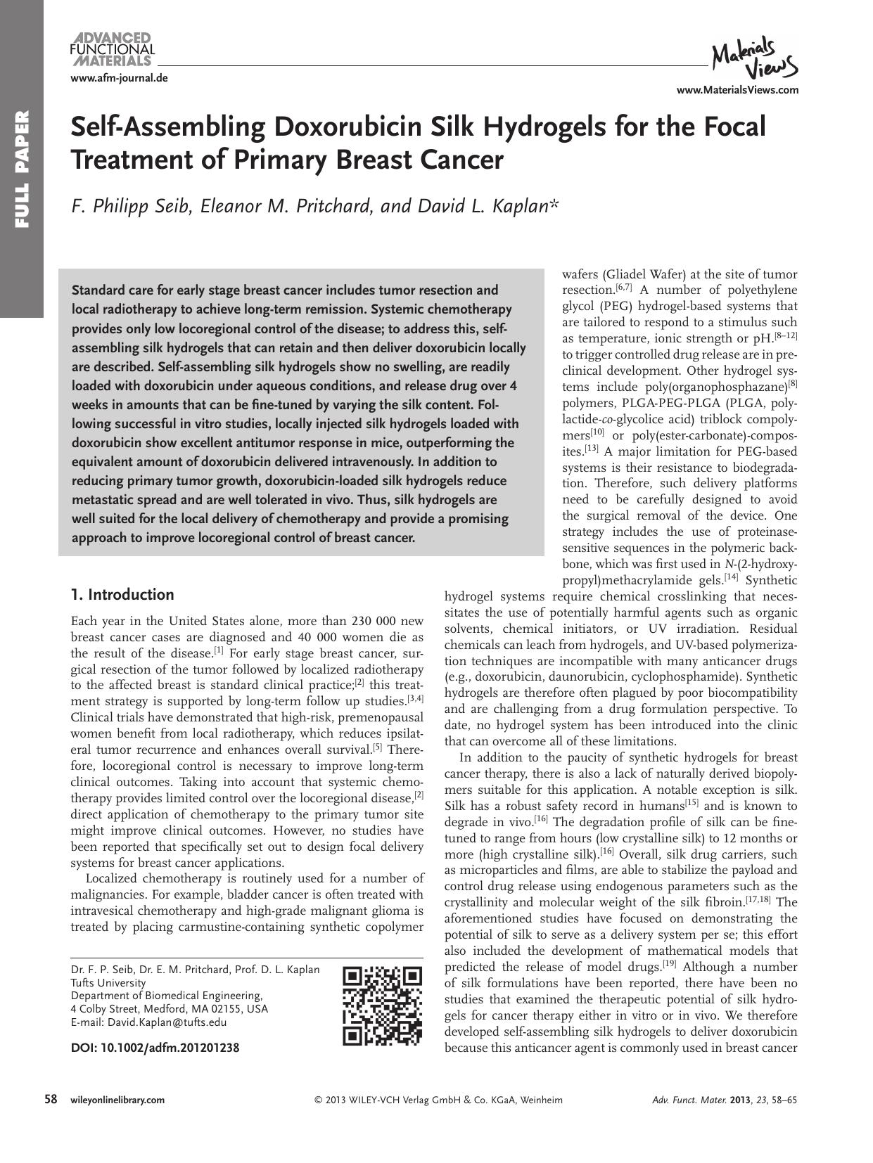 SelfAssembling Doxorubicin Silk Hydrogels for the Focal Treatment of Primary Breast Cancer by vng
