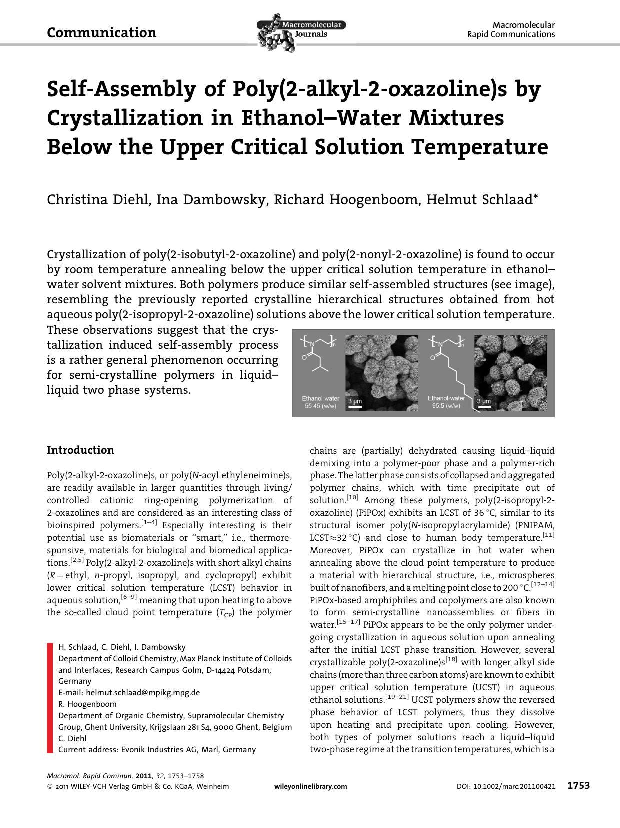 SelfAssembly of Poly(2alkyl2oxazoline)s by Crystallization in EthanolWater Mixtures Below the Upper Critical Solution Temperature by Unknown