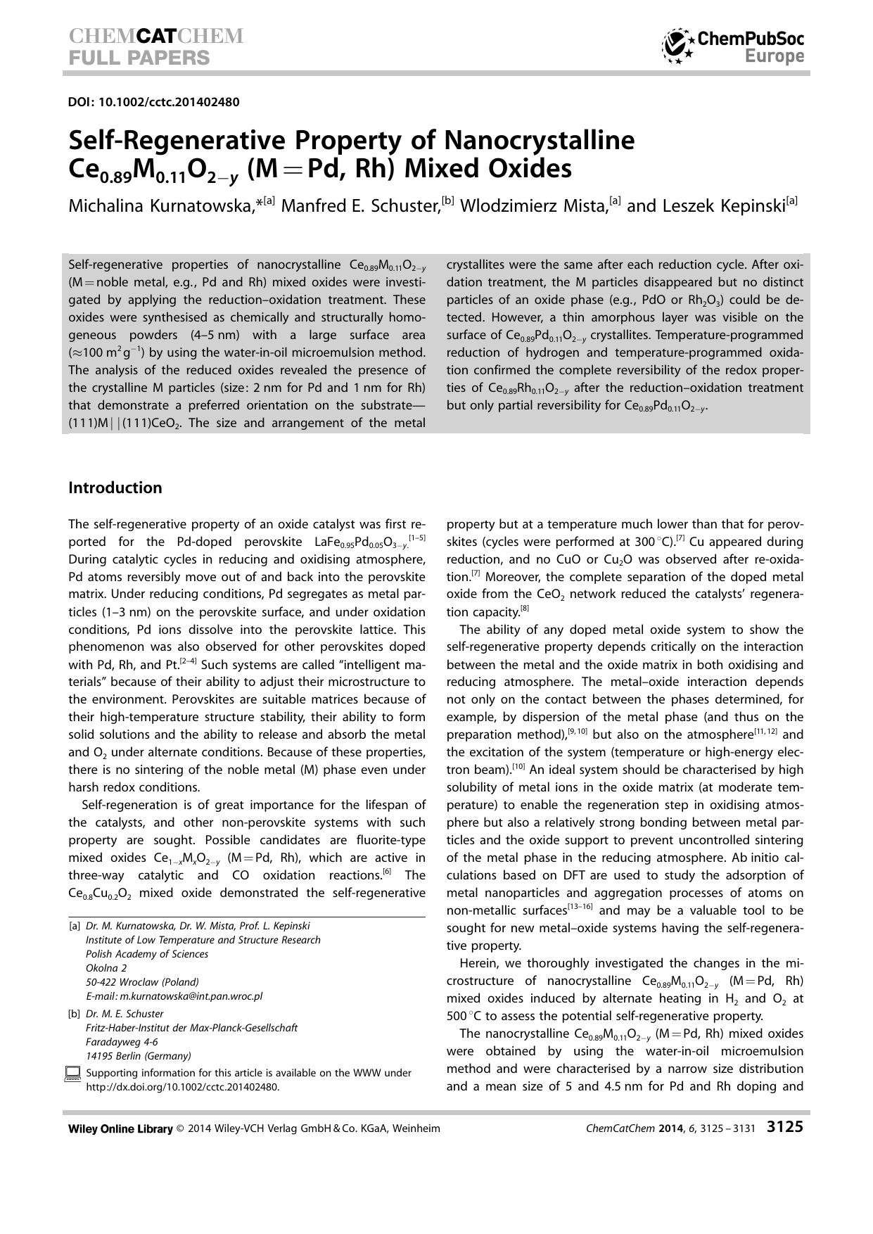 SelfRegenerative Property of Nanocrystalline Ce0.89M0.11O2y (M=Pd, Rh) Mixed Oxides by Unknown