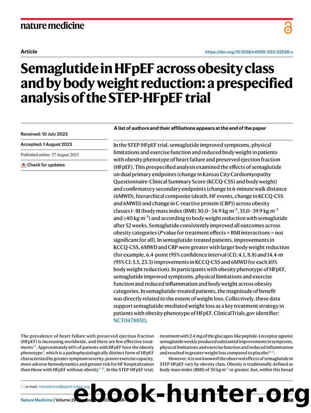 Semaglutide in HFpEF across obesity class and by body weight reduction: a prespecified analysis of the STEP-HFpEF trial by unknow