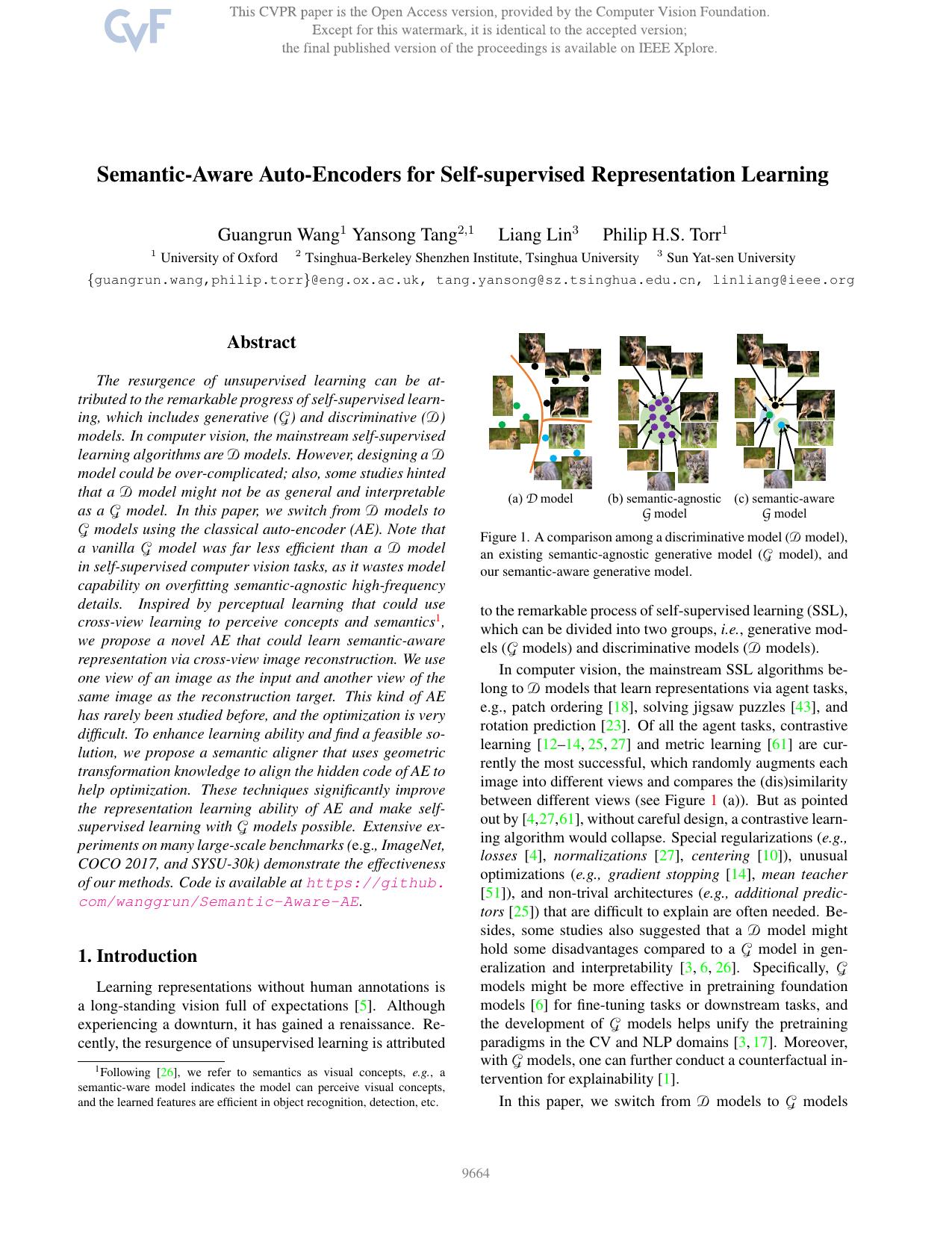 Semantic-Aware Auto-Encoders for Self-Supervised Representation Learning by Guangrun Wang & Yansong Tang & Liang Lin & Philip H.S. Torr