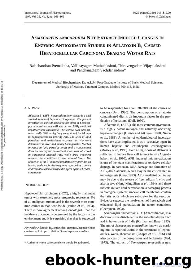 Semecarpus anacardium Nut Extract Induced Changes in Enzymic Antioxidants Studied in Aflatoxin B1 Caused Hepatocellular Carcinoma Bearing Wistar Rats by unknow