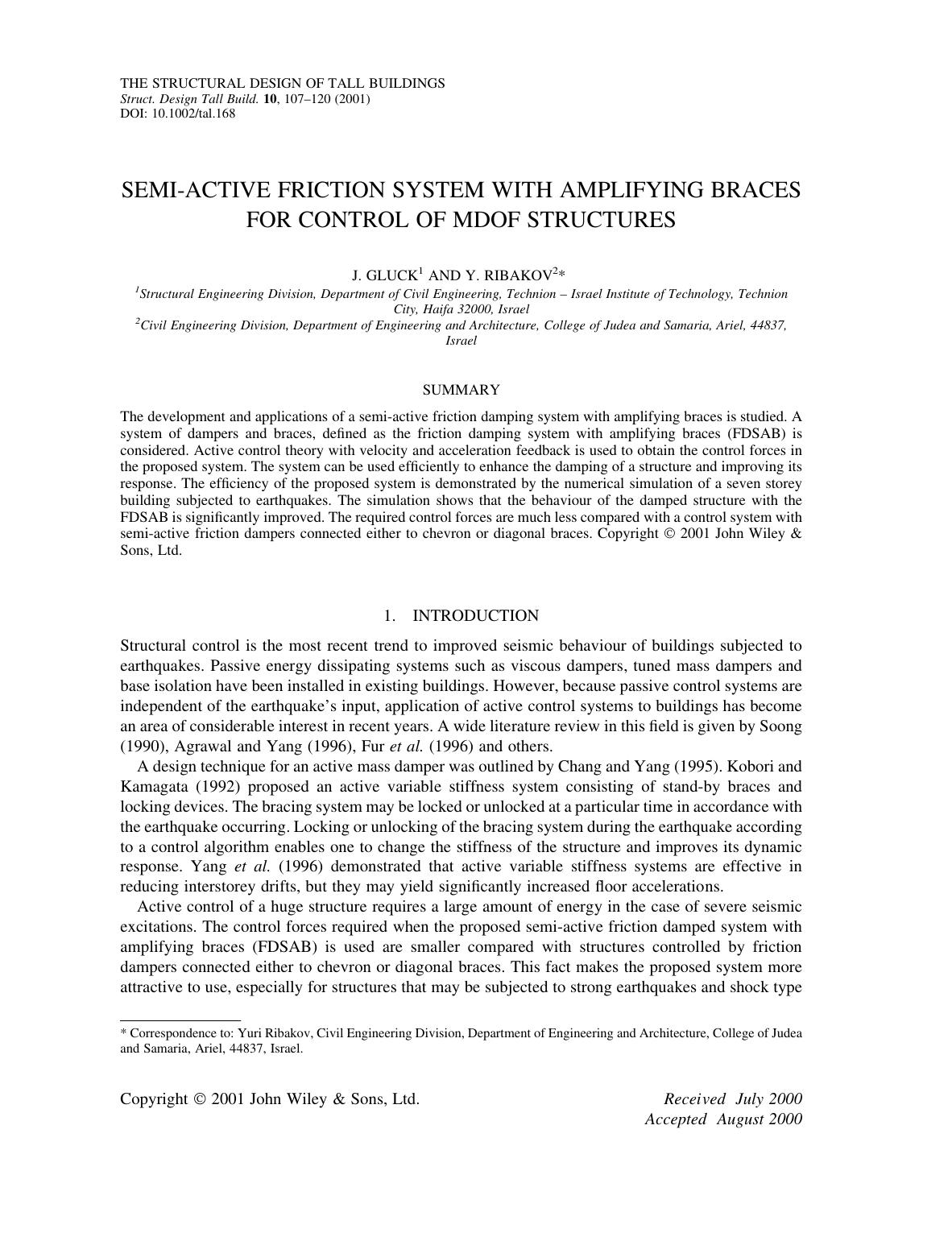 Semi-active friction system with amplifying braces for control of MDOF structures by Unknown