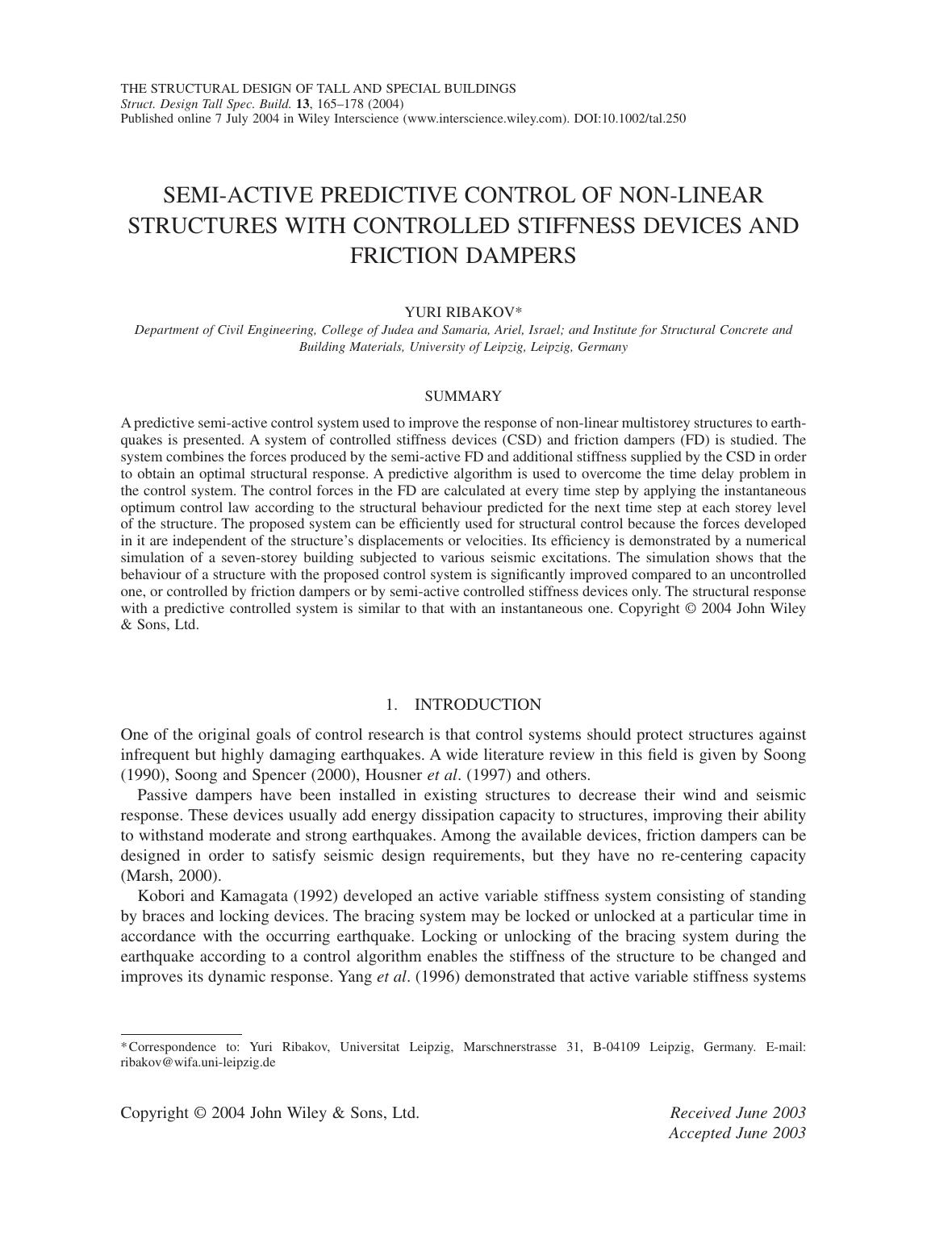 Semi-active predictive control of non-linear structures with controlled stiffness devices and friction dampers by Petty