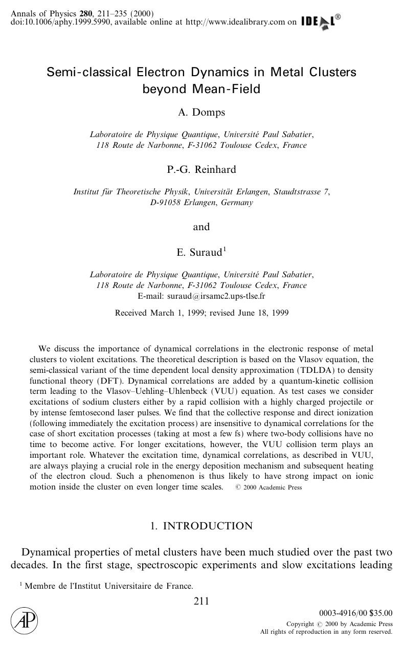 Semi-classical Electron Dynamics in Metal Clusters beyond Mean-Field by Domps A. et al