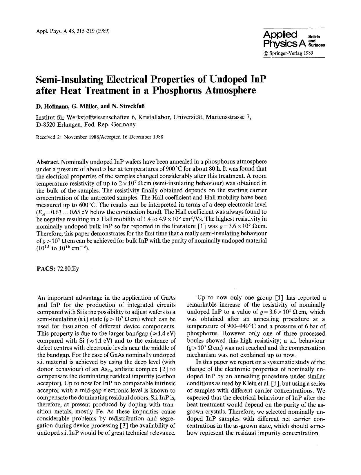 Semi-insulating electrical properties of undoped inp after heat treatment in a phosphorus atmosphere by Unknown