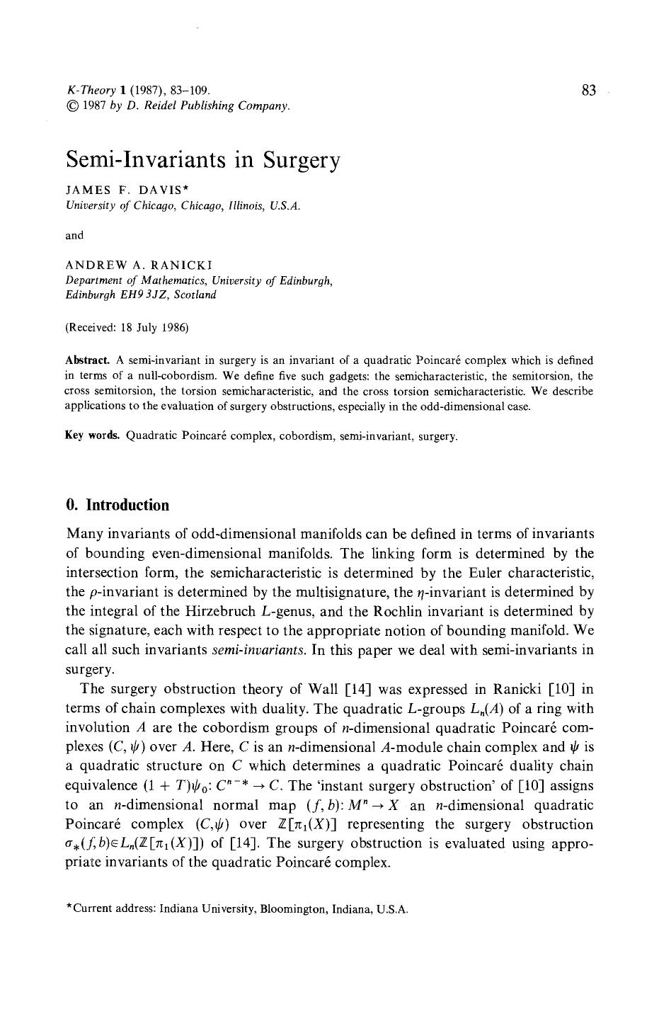 Semi-invariants in surgery by Unknown