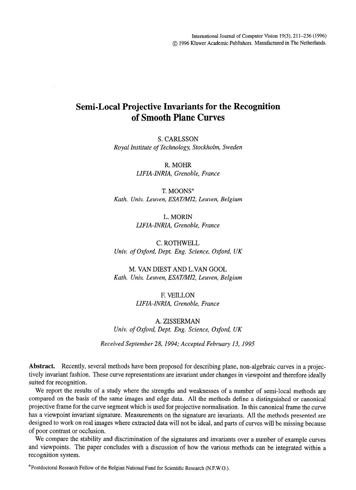 Semi-local projective invariants for the recognition of smooth plane curves by Unknown