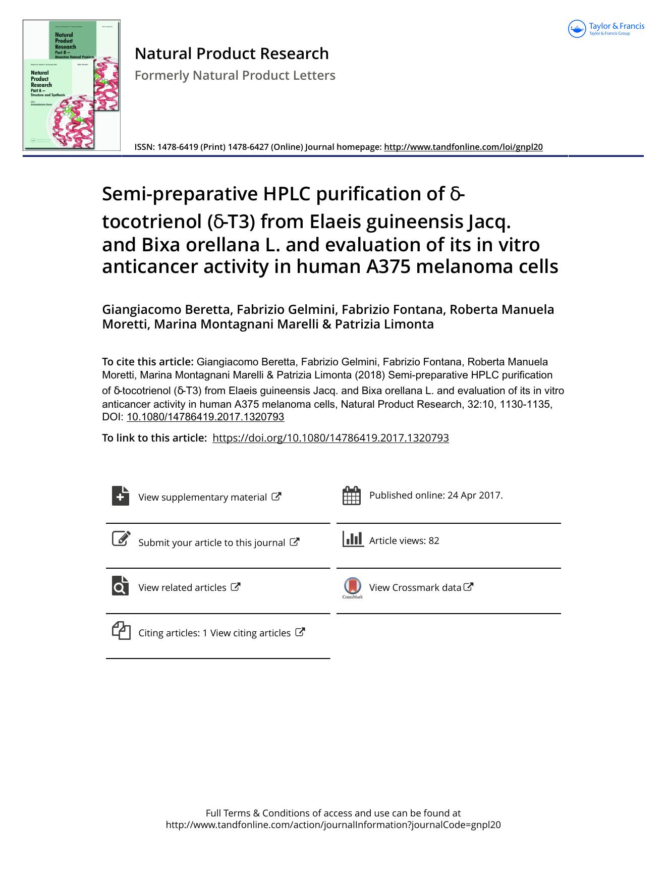 Semi-preparative HPLC purification of Î´-tocotrienol (Î´-T3) from Elaeis guineensis Jacq. and Bixa orellana L. and evaluation of its in vitro anticancer activity in human A375 melanoma cells by unknow