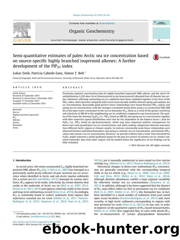 Semi-quantitative estimates of paleo Arctic sea ice concentration based on source-specific highly branched isoprenoid alkenes: A further development of the PIP25 index by Lukas Smik & Patricia Cabedo-Sanz & Simon T. Belt