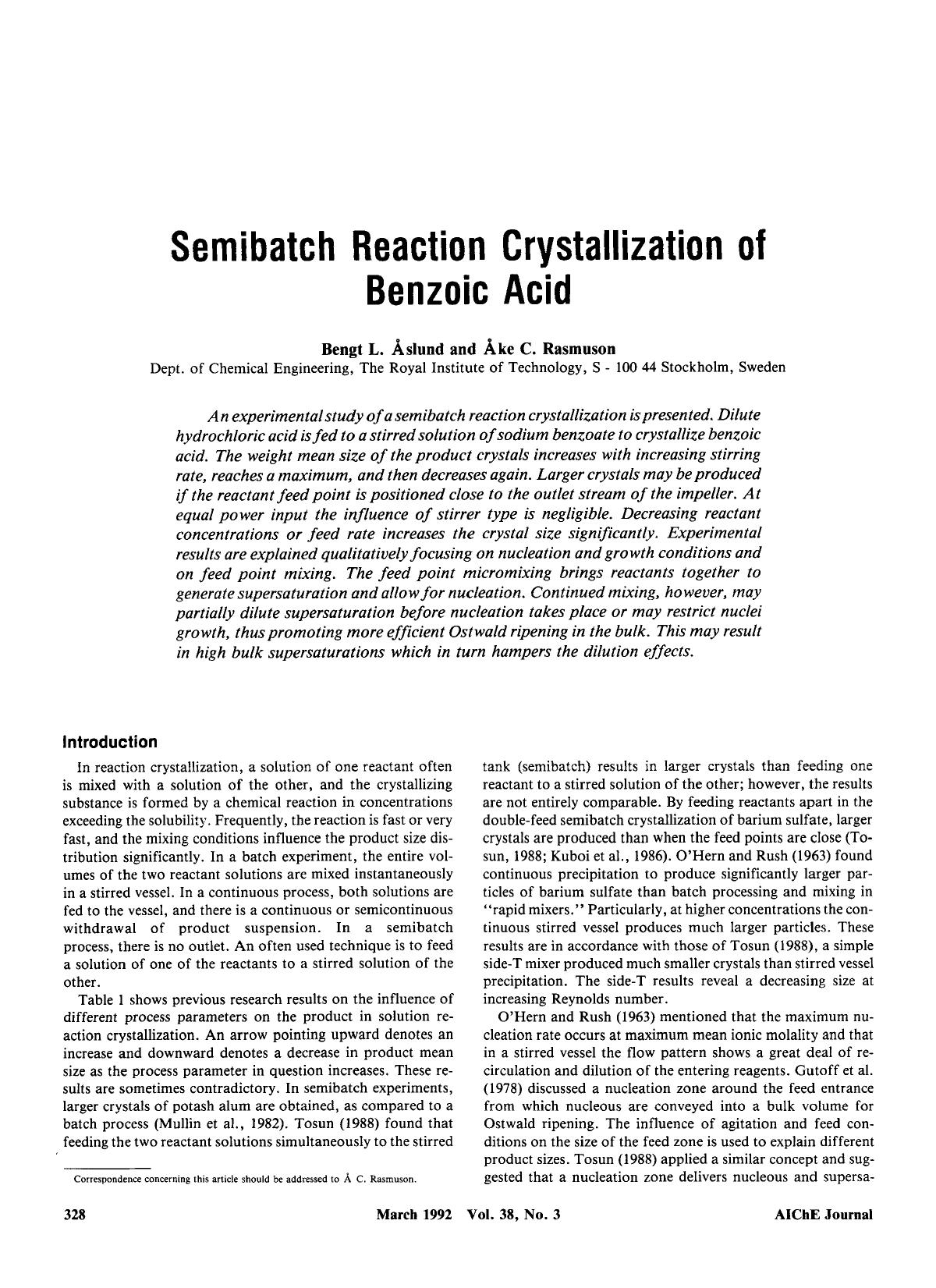 Semibatch reaction crystallization of benzoic acid by Unknown
