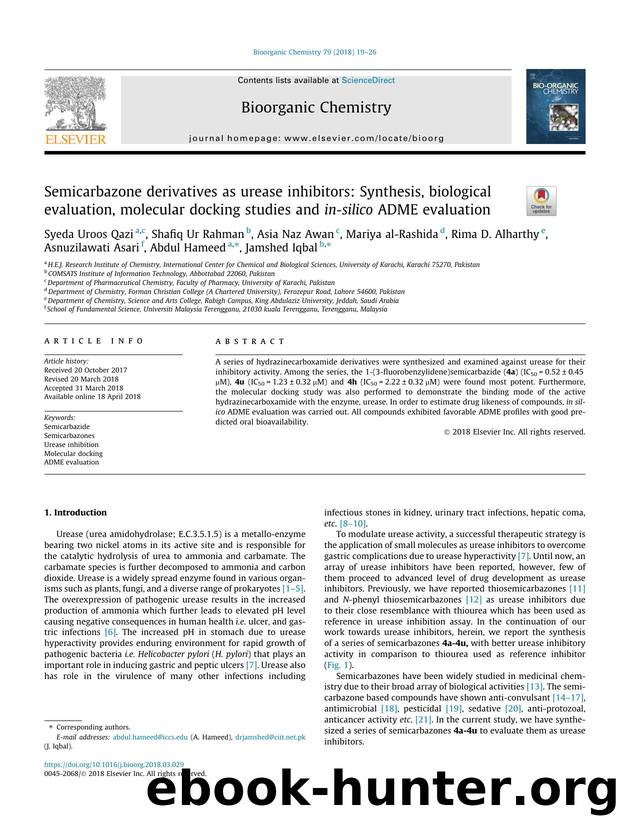 Semicarbazone derivatives as urease inhibitors: Synthesis, biological evaluation, molecular docking studies and in-silico ADME evaluation by unknow