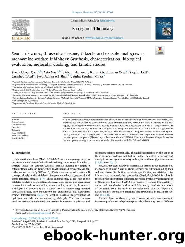 Semicarbazones, thiosemicarbazone, thiazole and oxazole analogues as monoamine oxidase inhibitors: Synthesis, characterization, biological evaluation, molecular docking, and kinetic studies by unknow