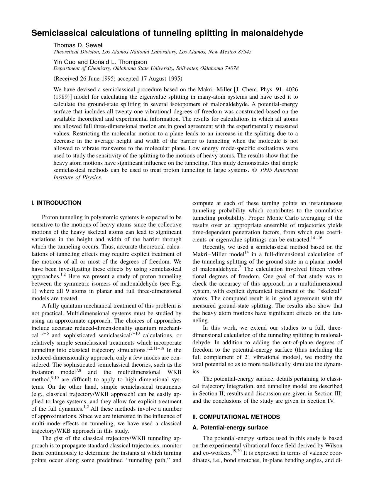 Semiclassical calculations of tunneling splitting in malonaldehyde by Thomas D. Sewell & Yin Guo and Donald L. Thompson