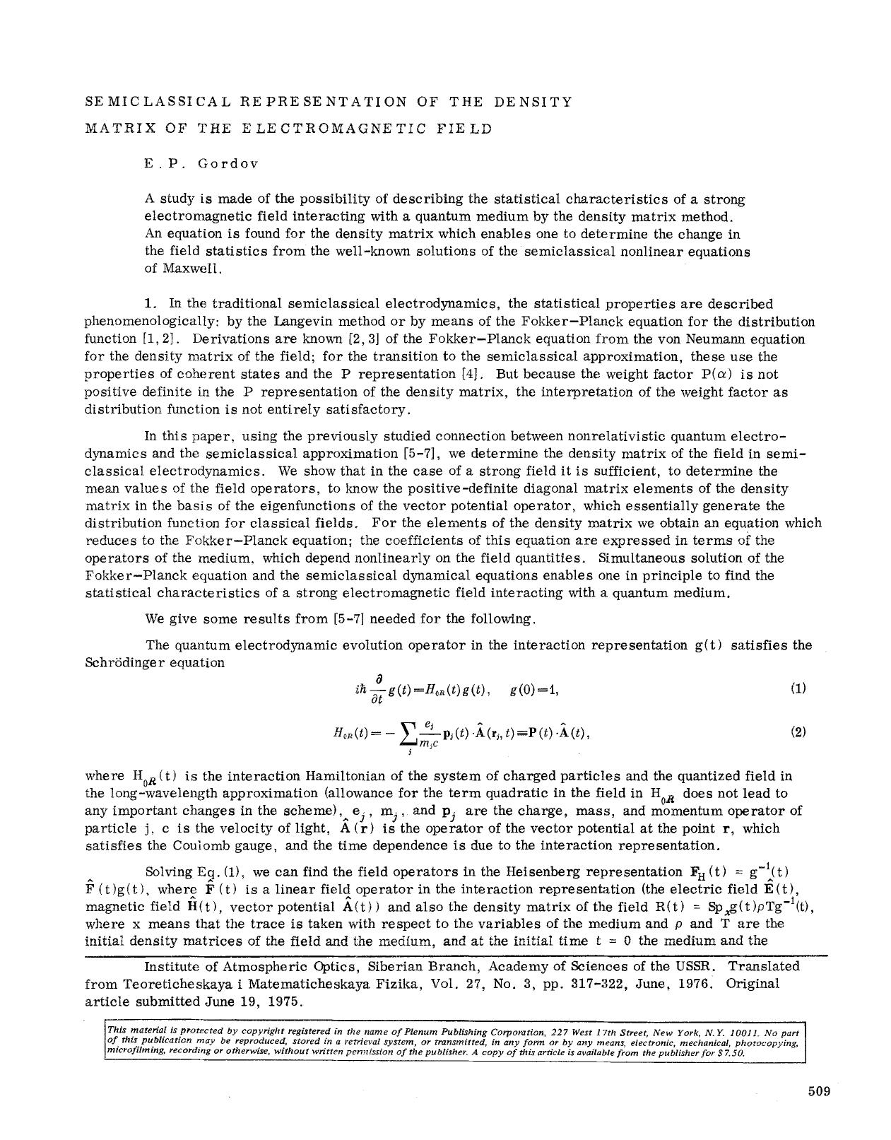 Semiclassical representation of the density matrix of the electromagnetic field by Unknown