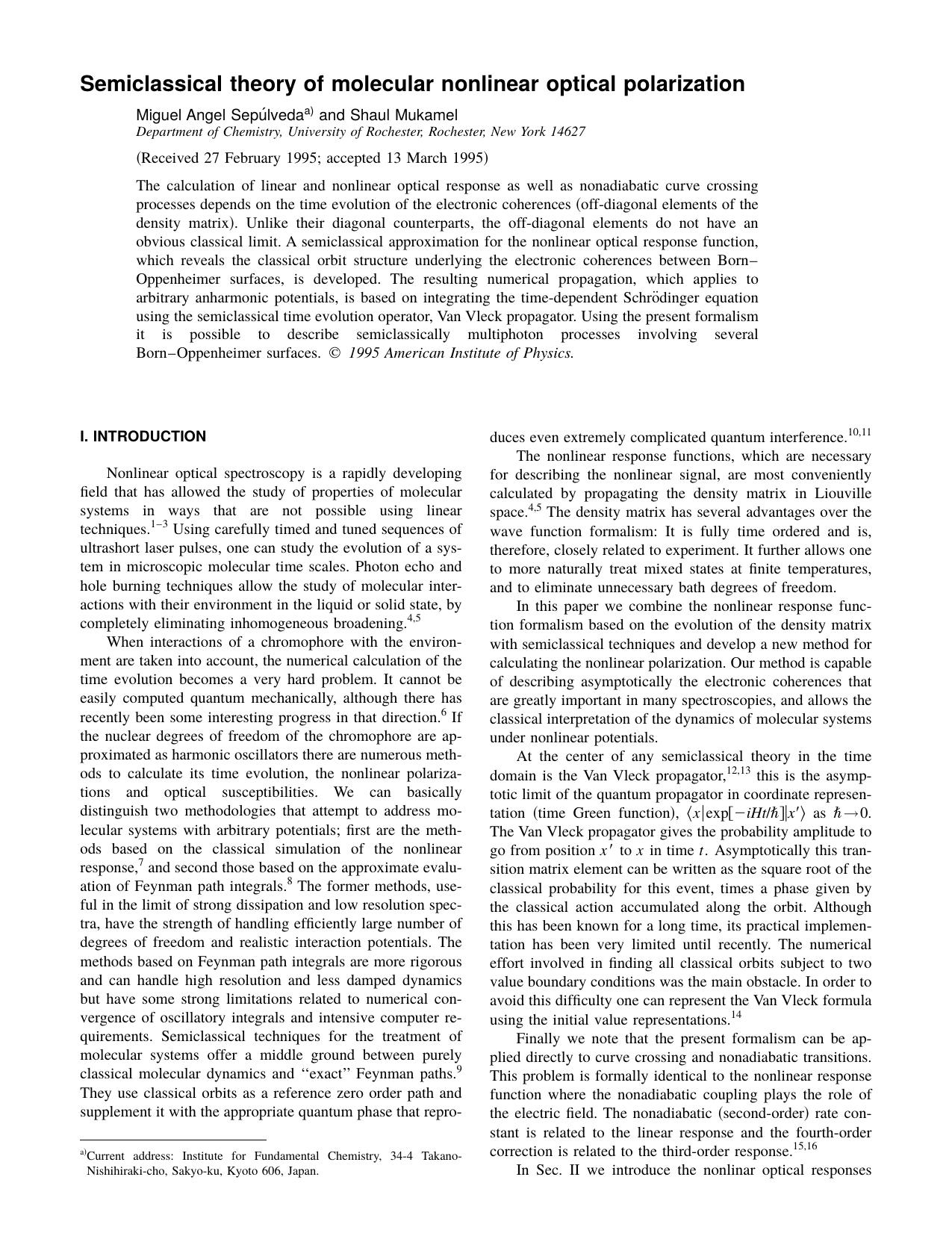 Semiclassical theory of molecular nonlinear optical by Miguel Angel Sepulveda and shaul Mukamel