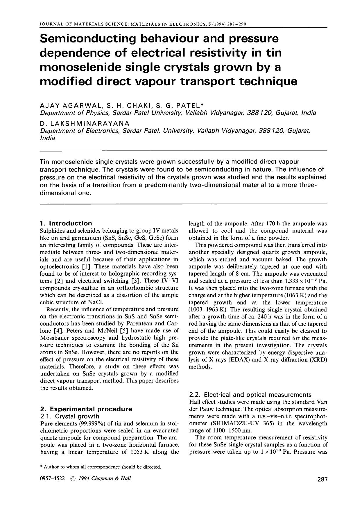 Semiconducting behaviour and pressure dependence of electrical resistivity in tin monoselenide single crystals grown by a modified direct vapour transport technique by Unknown