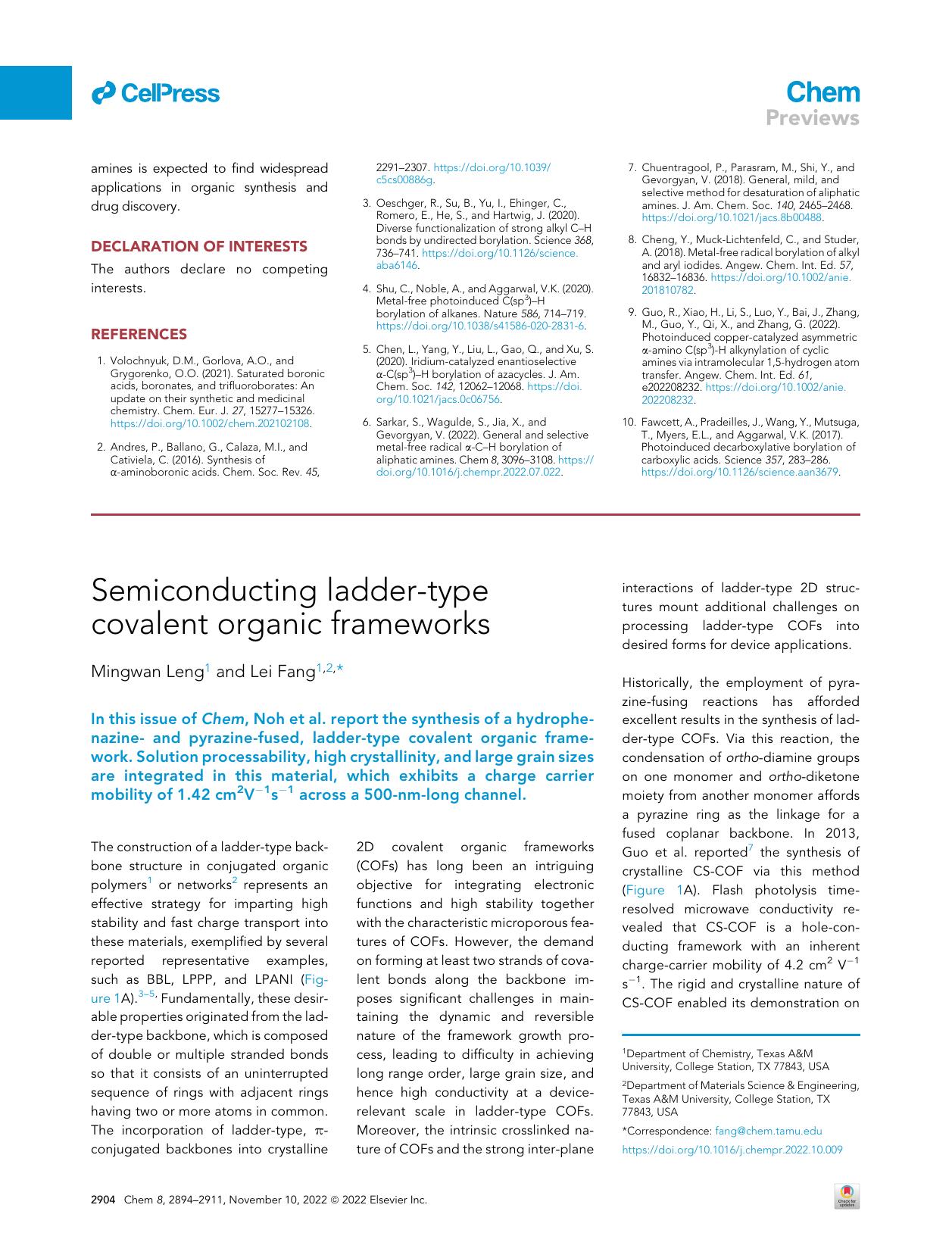 Semiconducting ladder-type covalent organic frameworks by Mingwan Leng & Lei Fang