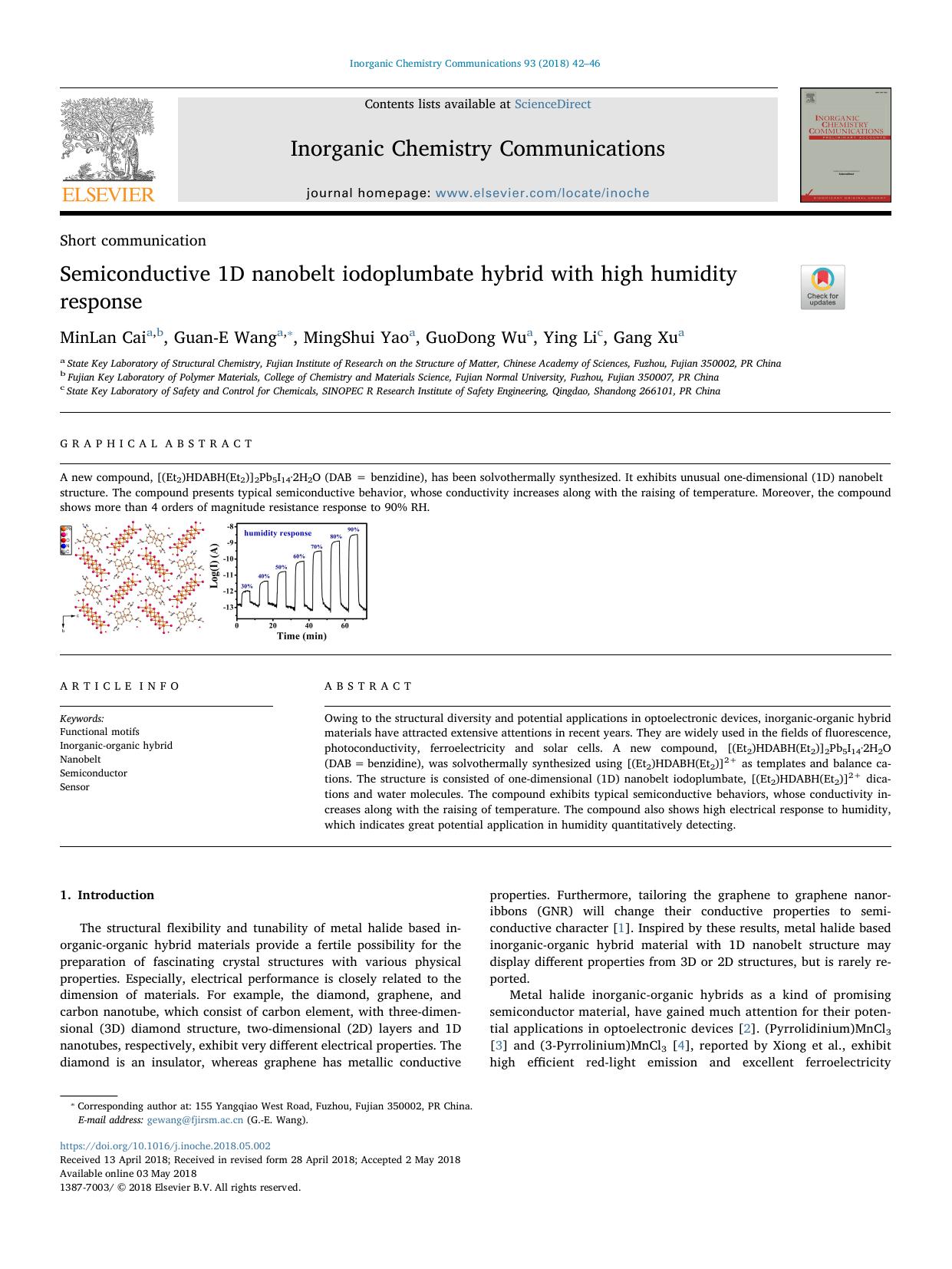 Semiconductive 1D nanobelt iodoplumbate hybrid with high humidity response by MinLan Cai & Guan-E Wang & MingShui Yao & GuoDong Wu & Ying Li & Gang Xu