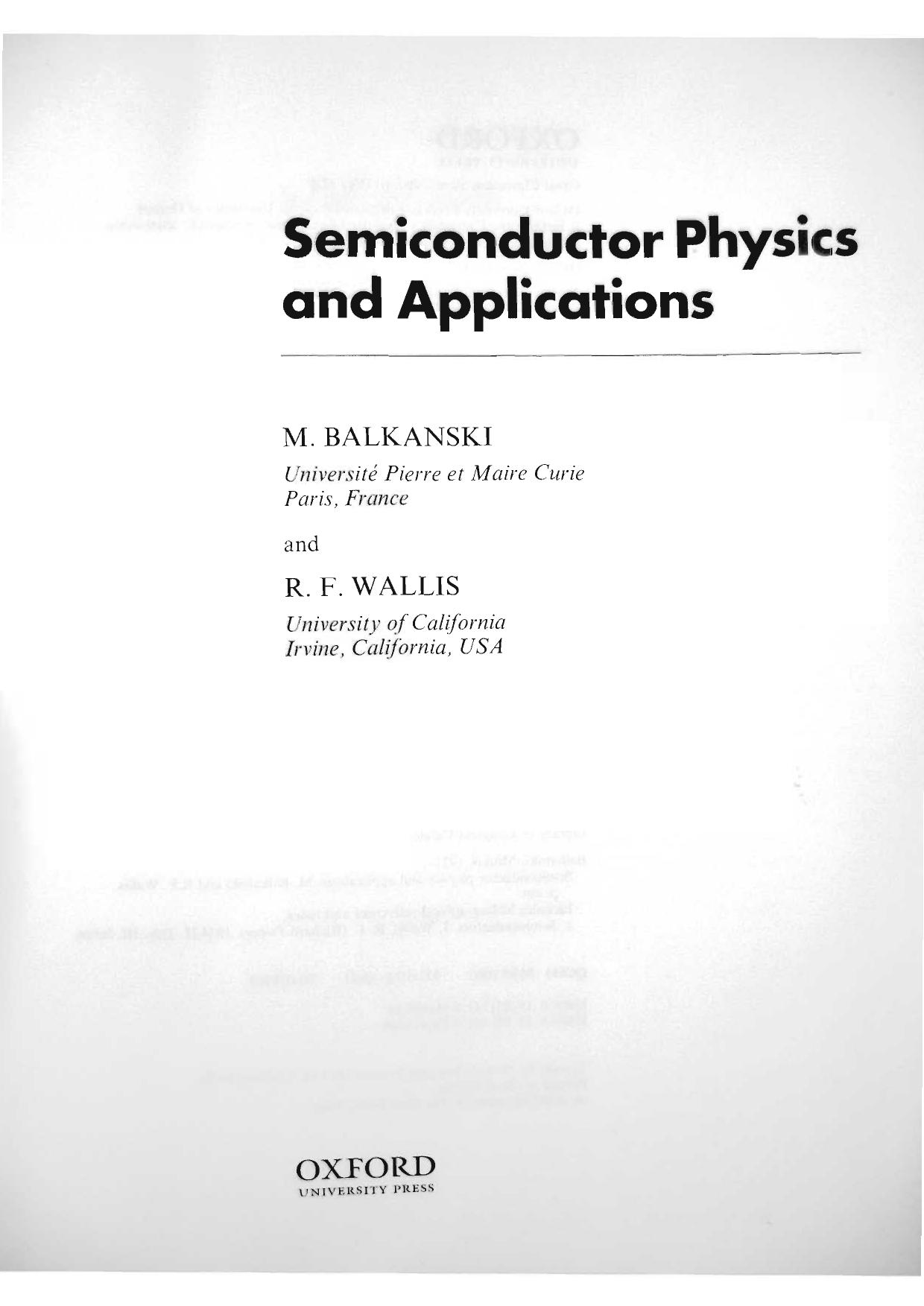 Semiconductor Physics and Applications by M. Balanski R. Wallis