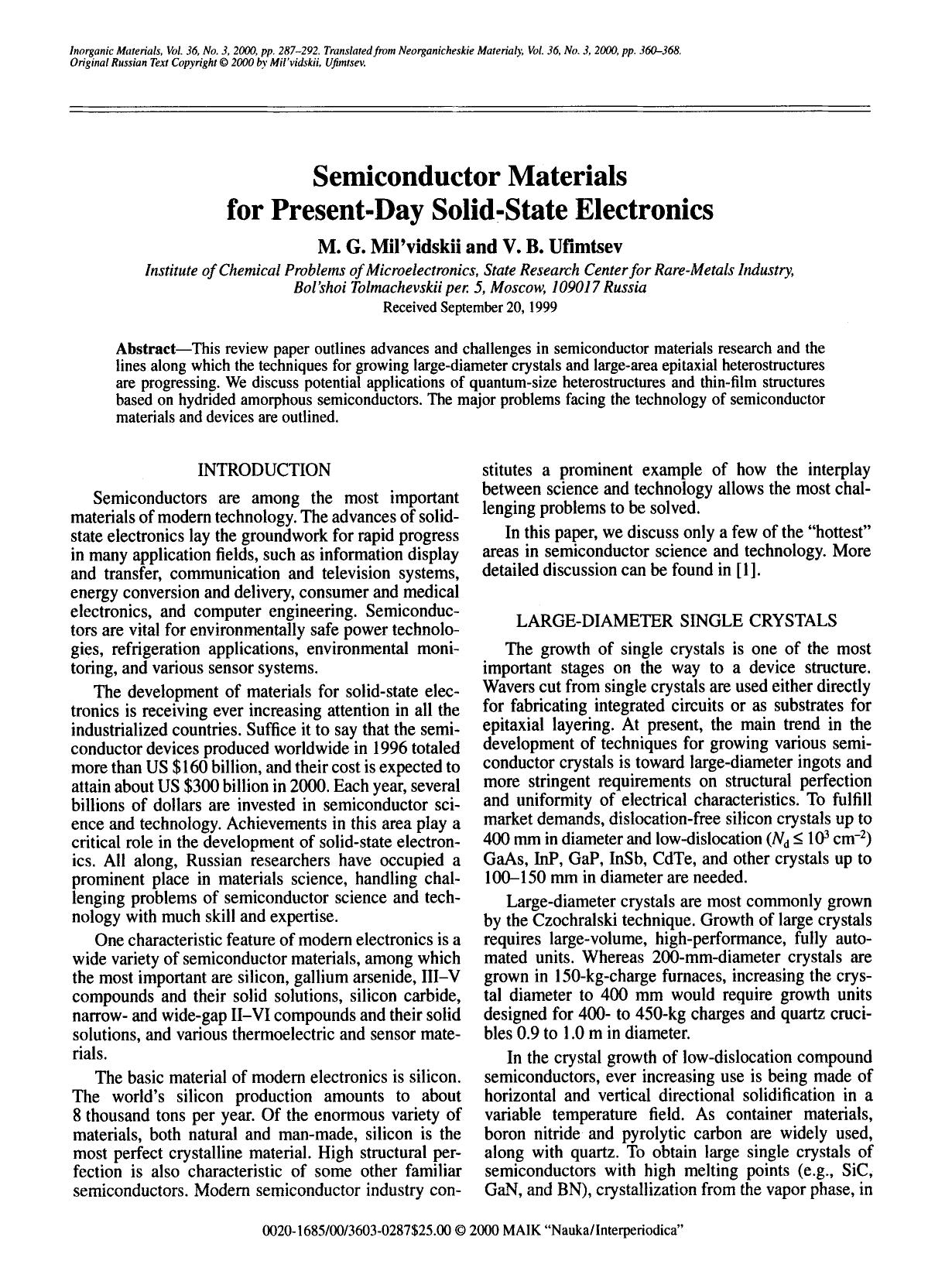 Semiconductor materials for present-day solid-state electronics by Unknown