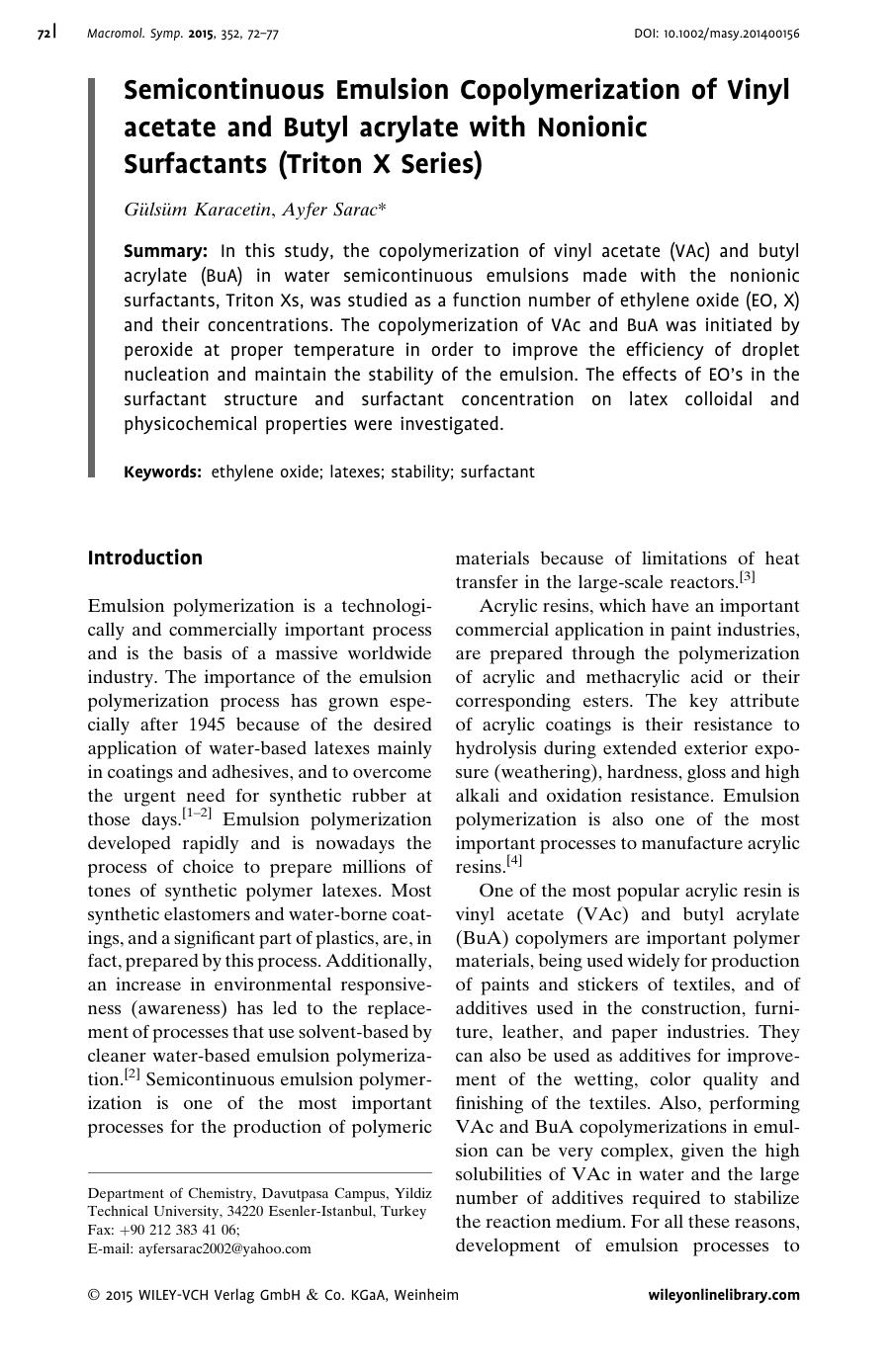 Semicontinuous Emulsion Copolymerization of Vinyl acetate and Butyl acrylate with Nonionic Surfactants (Triton X Series) by Unknown