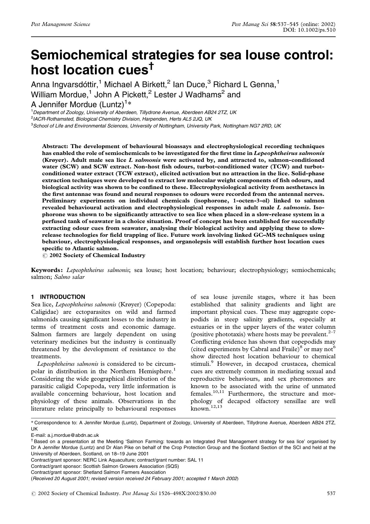 Semiochemical strategies for sea louse control: host location cues by Unknown