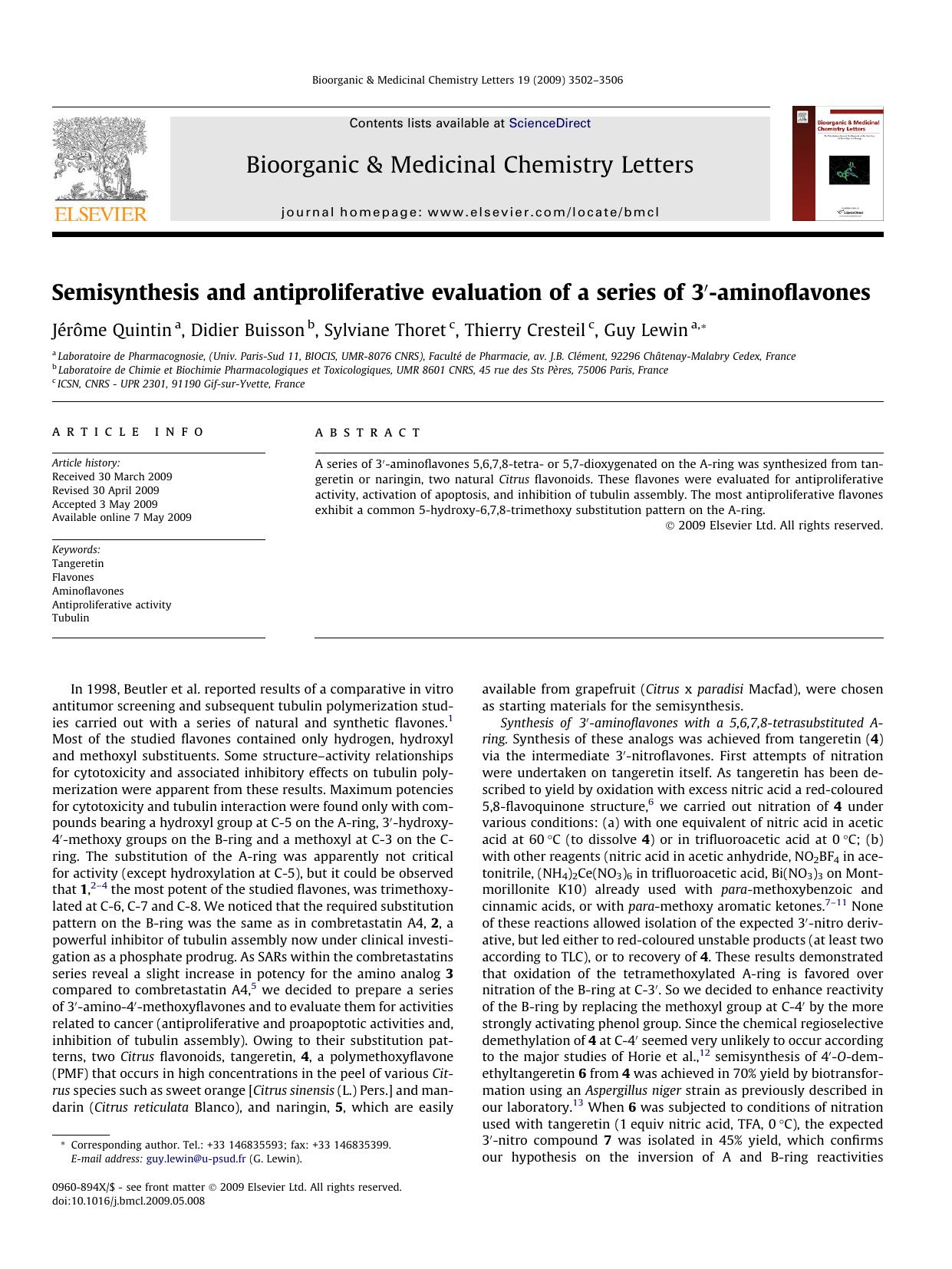 Semisynthesis and antiproliferative evaluation of a series of 3â²-aminoflavones by Jérôme Quintin; Didier Buisson; Sylviane Thoret; Thierry Cresteil; Guy Lewin