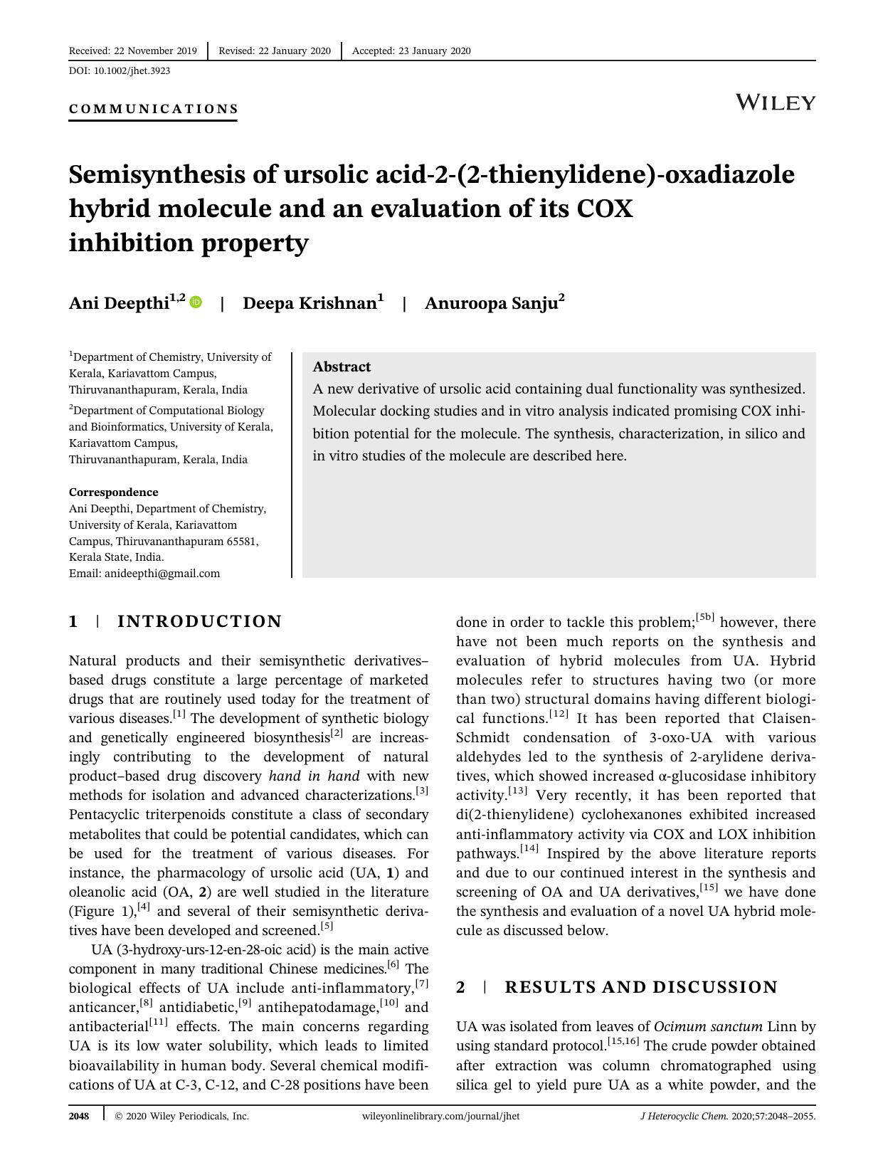 Semisynthesis of Ursolic acid-2-(2-thienylidene)-oxadiazole hybrid molecule and an evaluation of its COX inhibition property by Unknown
