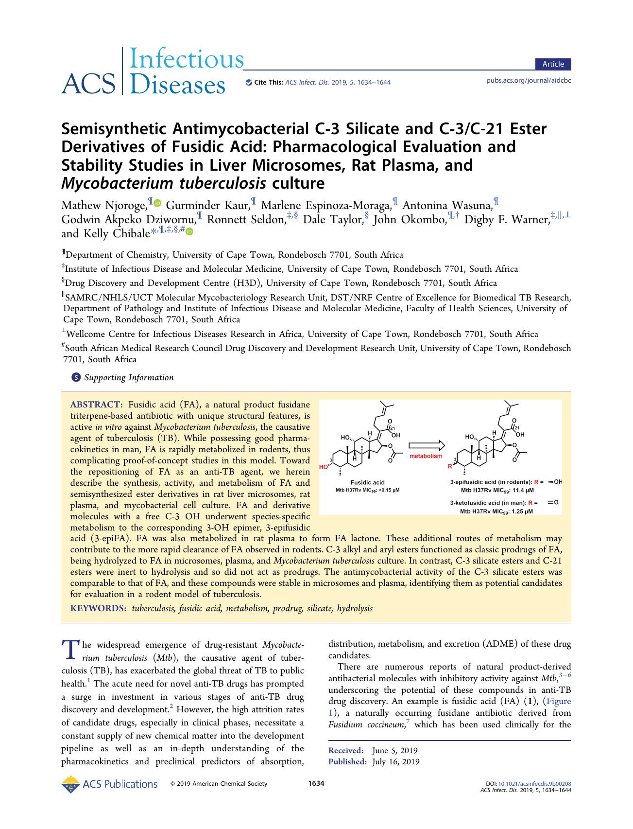 Semisynthetic Antimycobacterial C-3 Silicate and C-3C-21 Ester Derivatives of Fusidic Acid: Pharmacological Evaluation and Stability Studies in Liver Microsomes, Rat Plasma, and My by unknow