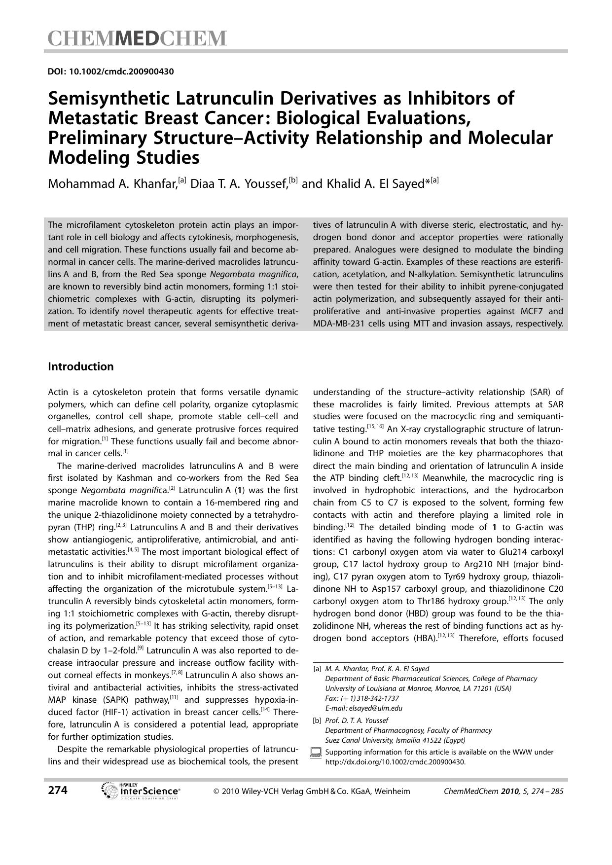 Semisynthetic Latrunculin Derivatives as Inhibitors of Metastatic Breast Cancer: Biological Evaluations, Preliminary Structure-Activity Relationship and Molecular Modeling Studies by Unknown