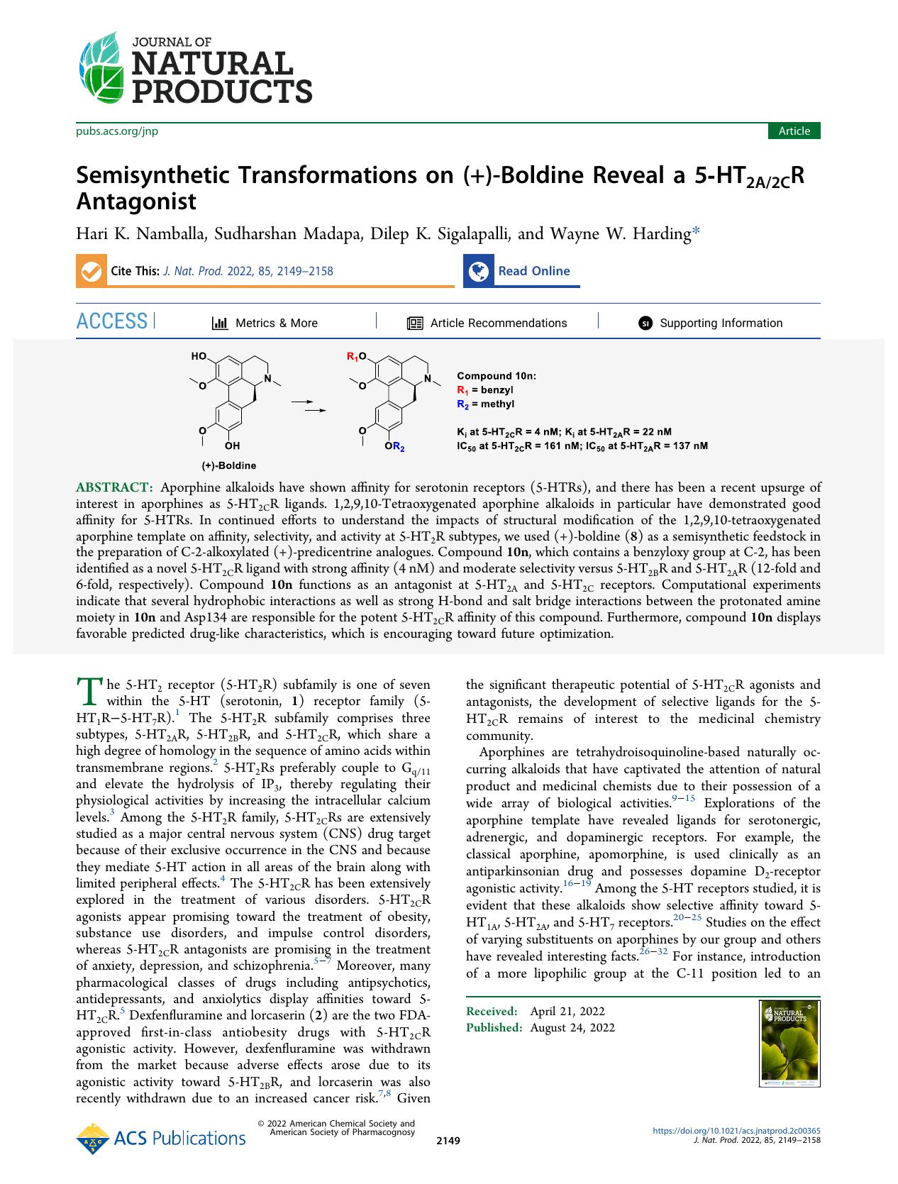 Semisynthetic Transformations on (+)-Boldine Reveal a 5-HT2A2CR Antagonist by Hari K. Namballa Sudharshan Madapa Dilep K. Sigalapalli and Wayne W. Harding