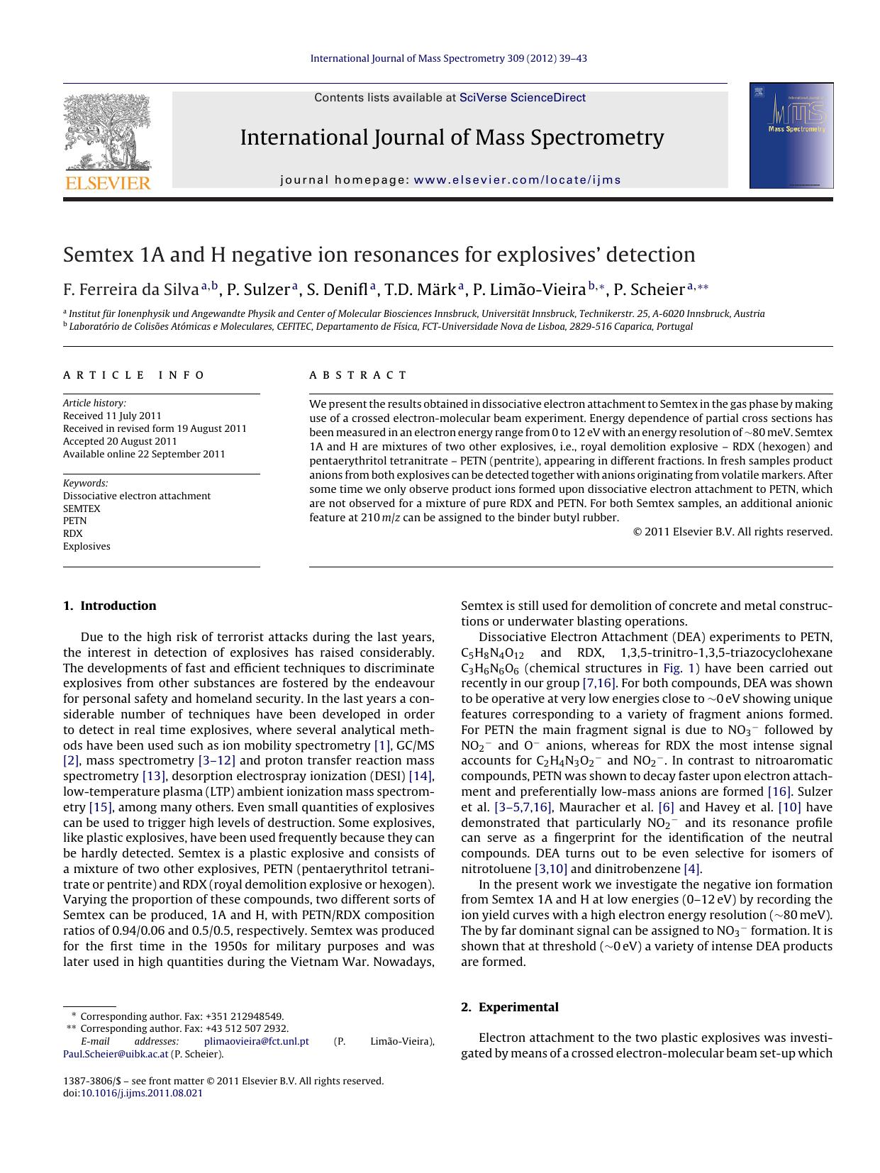 Semtex 1A and H negative ion resonances for explosivesÃ¢â¬â¢ detection by F. Ferreira da Silva