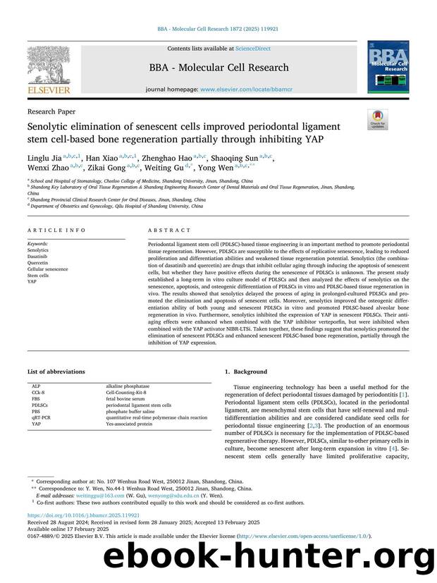 Senolytic elimination of senescent cells improved periodontal ligament stem cell-based bone regeneration partially through inhibiting YAP by unknow