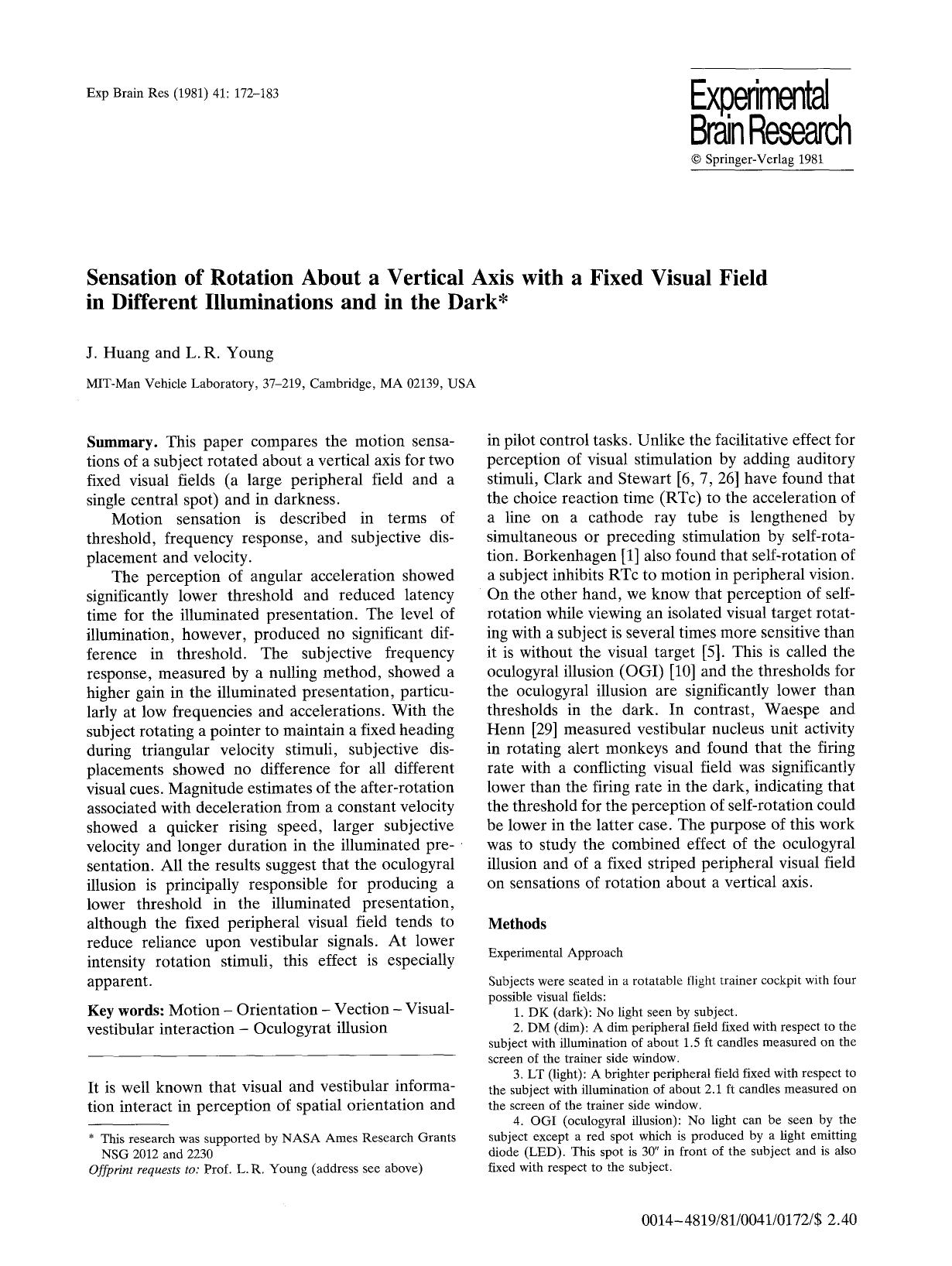 Sensation of rotation about a vertical axis with a fixed visual field in different illuminations and in the dark by Unknown