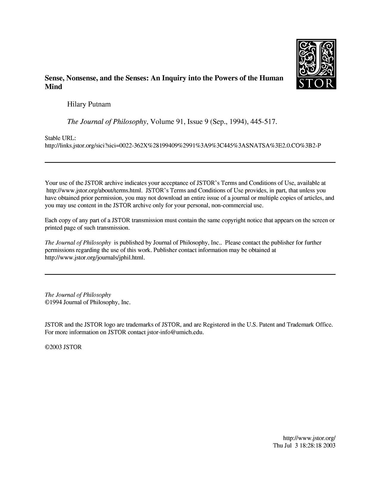 Sense, Nonsense, And The Senses [An Inquiry Into The Powers Of The Human Mind] by Unknown