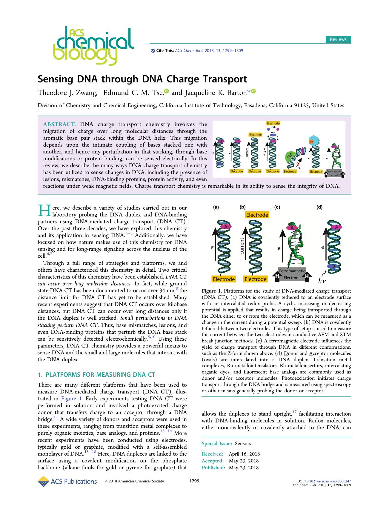 Sensing DNA through DNA Charge Transport by Theodore J. Zwang Edmund C. M. Tse and Jacqueline K. Barton