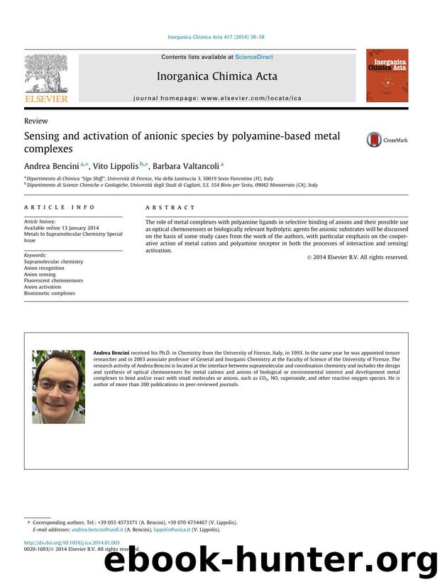 Sensing and activation of anionic species by polyamine-based metal complexes by Andrea Bencini & Vito Lippolis & Barbara Valtancoli