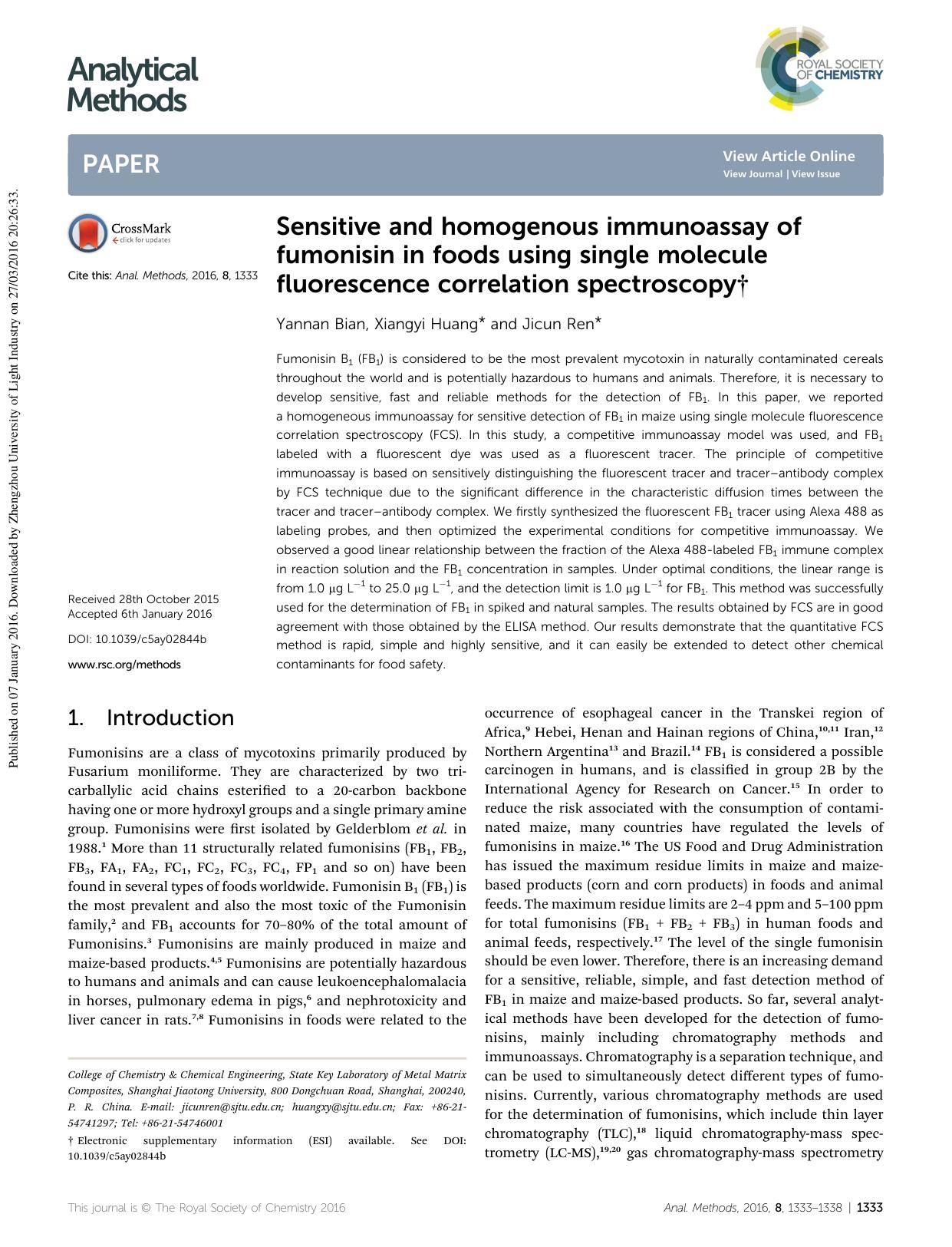 Sensitive and homogenous immunoassay of fumonisin in foods using single molecule fluorescence correlation spectroscopy by Yannan Bian & Xiangyi Huang & Jicun Ren