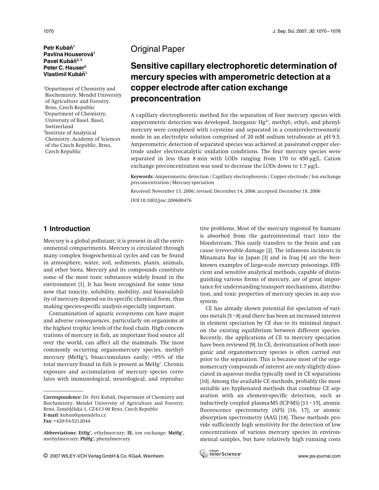 Sensitive capillary electrophoretic determination of mercury species with amperometric detection at a copper electrode after cation exchange preconcentration by Unknown