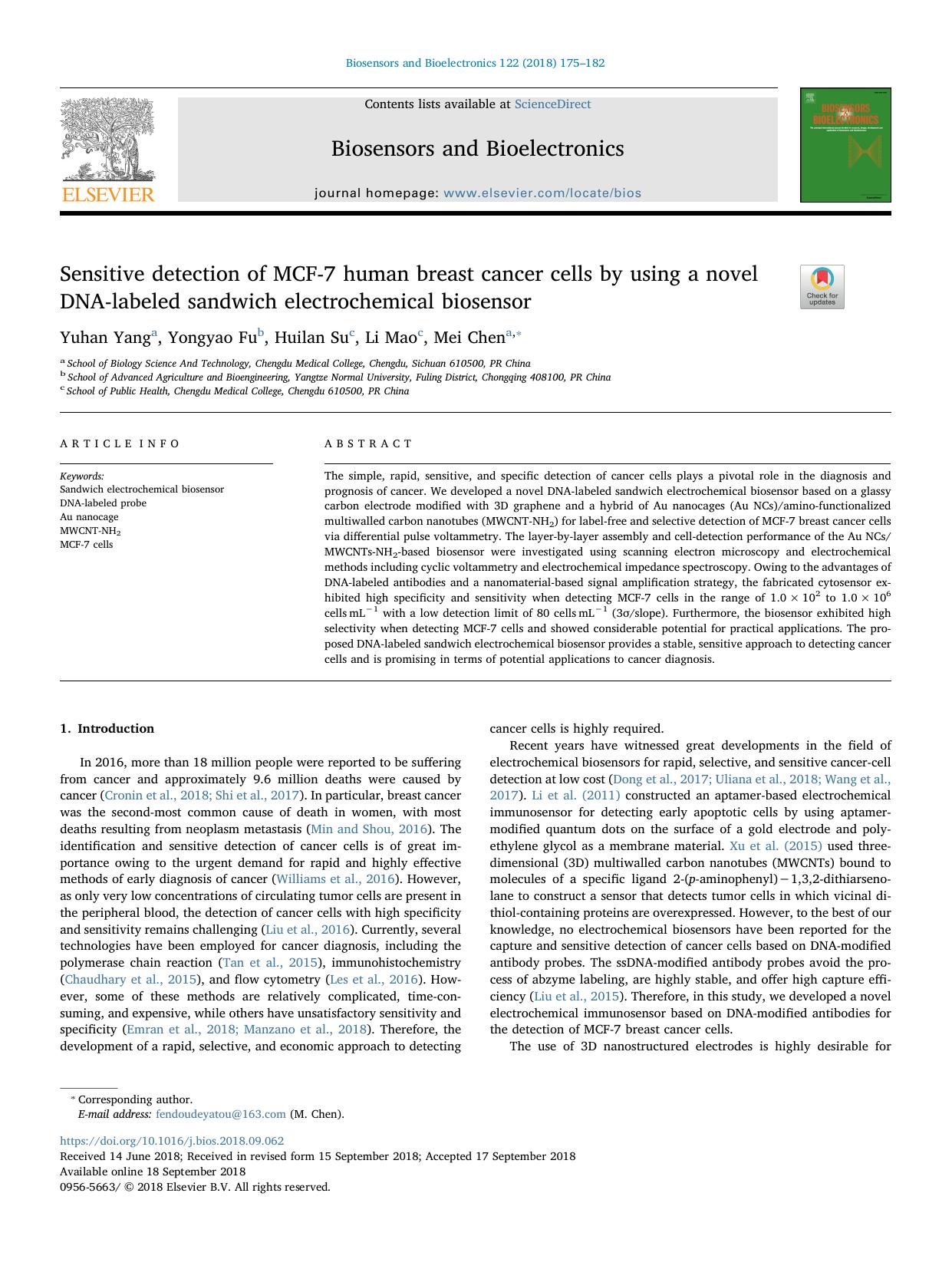 Sensitive detection of MCF-7 human breast cancer cells by using a novel DNA-labeled sandwich electrochemical biosensor by Yuhan Yang & Yongyao Fu & Huilan Su & Li Mao & Mei Chen